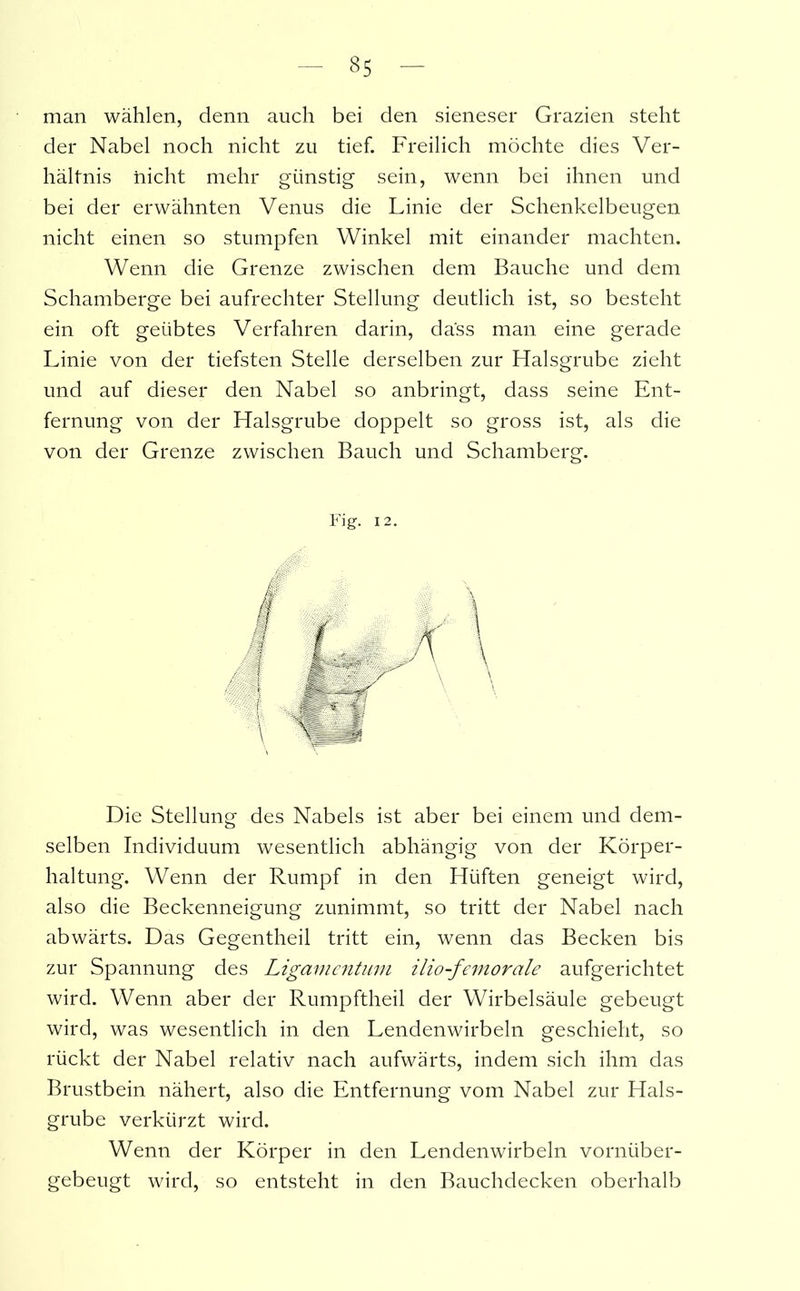 man wählen, denn auch bei den sieneser Grazien steht der Nabel noch nicht zu tief. Freilich möchte dies Ver- hältnis nicht mehr günstig sein, wenn bei ihnen und bei der erwähnten Venus die Linie der Schenkelbeugen nicht einen so stumpfen Winkel mit einander machten. Wenn die Grenze zwischen dem Bauche und dem Schamberge bei aufrechter Stellung deutlich ist, so besteht ein oft geübtes Verfahren darin, dass man eine gerade Linie von der tiefsten Stelle derselben zur Halsgrube zieht und auf dieser den Nabel so anbringt, dass seine Ent- fernung von der Halsgrube doppelt so gross ist, als die von der Grenze zwischen Bauch und Schamberg. Fi g- 12. Die Stellung des Nabels ist aber bei einem und dem- selben Individuum wesentlich abhängig von der Körper- haltung. Wenn der Rumpf in den Hüften geneigt wird, also die Beckenneigung zunimmt, so tritt der Nabel nach abwärts. Das Gegentheil tritt ein, wenn das Becken bis zur Spannung des Ligamentum ilio-femorale aufgerichtet wird. Wenn aber der Rumpftheil der Wirbelsäule gebeugt wird, was wesentlich in den Lendenwirbeln geschieht, so rückt der Nabel relativ nach aufwärts, indem sich ihm das Brustbein nähert, also die Entfernung vom Nabel zur Hals- grube verkürzt wird. Wenn der Körper in den Lendenwirbeln vornüber- gebeugt wird, so entsteht in den Bauchdecken oberhalb