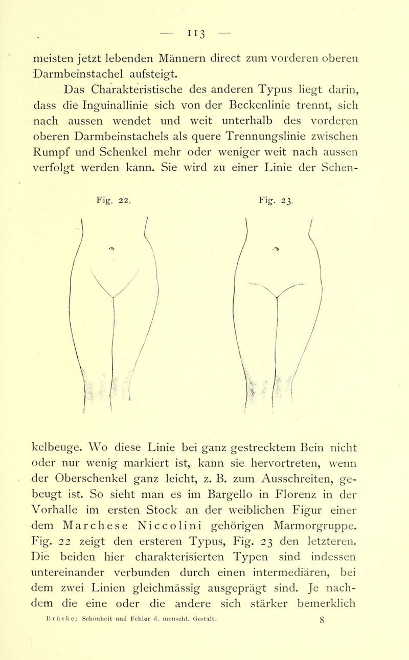 meisten jetzt lebenden Männern direct zum vorderen oberen ■Darmbeinstachel aufsteigt. Das Charakteristische des anderen Typus liegt darin, dass die Inguinallinie sich von der Beckenlinie trennt, sich nach aussen wendet und weit unterhalb des vorderen oberen Darmbeinstachels als quere Trennungslinie zwischen Rumpf und Schenkel mehr oder weniger weit nach aussen verfolgt werden kann. Sie wird zu einer Linie der Schen- kelbeuge. Wo diese Linie bei ganz gestrecktem Bein nicht oder nur wenig markiert ist, kann sie hervortreten, wenn der Oberschenkel ganz leicht, z. B. zum Ausschreiten, ge- beugt ist. So sieht man es im Bargello in Florenz in der Vorhalle im ersten Stock an der weiblichen Figur einer dem Marchese Niccolini gehörigen Marmorgruppe. Fig. 22 zeigt den ersteren Typus, Fig. 23 den letzteren. Die beiden hier charakterisierten Typen sind indessen untereinander verbunden durch einen intermediären, bei dem zwei Linien gleichmässig ausgeprägt sind. Je nach- dem die eine oder die andere sich stärker bemerklich Brücke: Schönheit und Fehler d. menschl. Gestalt. g