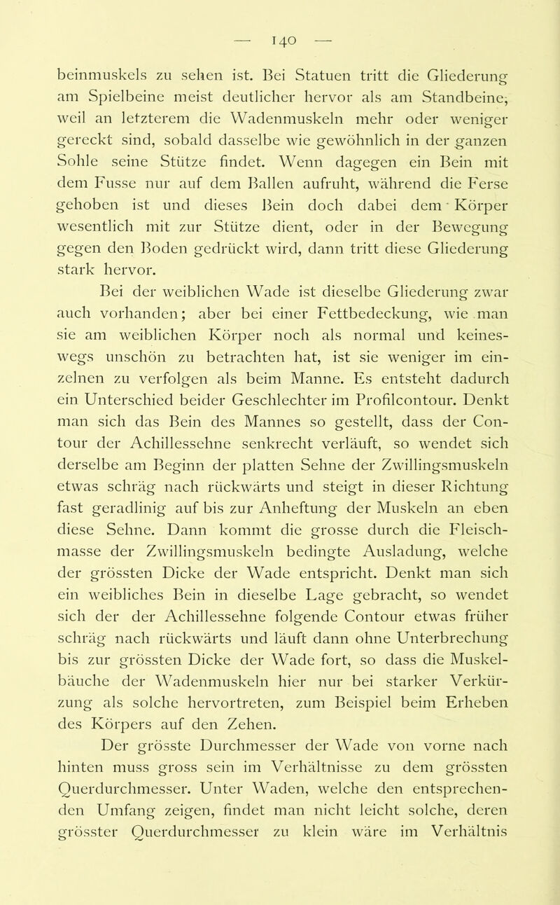 beinmuskels zu sehen ist. Bei Statuen tritt die Gliederung am Spielbeine meist deutlicher hervor als am Standbeine, weil an letzterem die Wadenmuskeln mehr oder weniger gereckt sind, sobald dasselbe wie gewöhnlich in der ganzen Sohle seine Stütze findet. Wenn dagegen ein Bein mit dem Fusse nur auf dem Ballen aufruht, während die Ferse gehoben ist und dieses Bein doch dabei dem * Körper wesentlich mit zur Stütze dient, oder in der Bewegung gegen den Boden gedrückt wird, dann tritt diese Gliederung stark hervor. Bei der weiblichen Wade ist dieselbe Gliederung zwar auch vorhanden; aber bei einer Fettbedeckung, wie man sie am weiblichen Körper noch als normal und keines- wegs unschön zu betrachten hat, ist sie weniger im ein- zelnen zu verfolgen als beim Manne. Es entsteht dadurch ein. Unterschied beider Geschlechter im Profiicontour. Denkt man sich das Bein des Mannes so gestellt, dass der Con- tour der Achillessehne senkrecht verläuft, so wendet sich derselbe am Beginn der platten Sehne der Zwillingsmuskeln etwas schräg nach rückwärts und steigt in dieser Richtung fast geradlinig auf bis zur Anheftung der Muskeln an eben diese Sehne. Dann kommt die grosse durch die Fleisch- masse der Zwillingsmuskeln bedingte Ausladung, welche der grössten Dicke der Wade entspricht. Denkt man sich ein weibliches Bein in dieselbe Lage gebracht, so wendet sich der der Achillessehne folgende Contour etwas früher schräg nach rückwärts und läuft dann ohne Unterbrechung bis zur grössten Dicke der Wade fort, so dass die Muskel- bäuche der Wadenmuskeln hier nur bei starker Verkür- zung als solche hervortreten, zum Beispiel beim Erheben des Körpers auf den Zehen. Der grösste Durchmesser der Wade von vorne nach hinten muss gross sein im Verhältnisse zu dem grössten Querdurchmesser. Unter Waden, welche den entsprechen- den Umfang zeigen, findet man nicht leicht solche, deren grösster Querdurchmesser zu klein wäre im Verhältnis