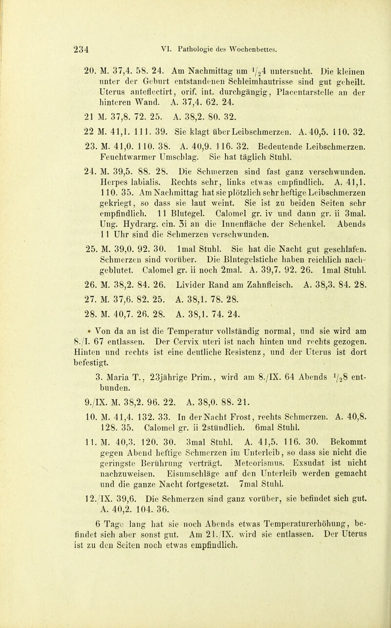 20. M. 37,4. 58. 24. Am Nachmittag um 1/24 untersucht. Die kleinen unter der Geburt entstandenen Schleimhautrisse sind gut geheilt. Uterus anteflectirt, orif. int. durchgängig, Placentarstelle an der hinteren Wand. A. 37,4. 62. 24. 21 M. 37,8. 72. 25. A. 38,2. 80. 32. 22 M. 41,1. III. 39. Sie klagt über Leibschmerzen. A. 40,5. ilO. 32. 23. M. 41,0. 110. 38. A. 40,9. 116. 32. Bedeutende Leibschmerzen. Feuchtwarmer Umschlag. Sie hat täglich Stuhl. 24. M. 39,5. 88. 28. Die Schmerzen sind fast ganz verschwunden. Herpes labialis. Kechts sehr, links etwas empfindlich. A. 41,1. 110. 35. AmNachmittag hat sie plötzlich sehr heftige Leibschmerzen gekriegt, so dass sie laut weint. Sie ist zu beiden Seiten sehr empfindlich. 11 Blutegel. Calomel gr. iv und dann gr. ii 3mal. Ung. Hydrarg. ein. 5i au die Linenfläche der Schenkel. Abends 11 Uhr sind die Schmerzen verschwunden. 25. M. 39,0. 92. 30. Imal Stuhl. Sie hat die Nacht gut geschlafen. Schmerzen sind vorüber. Die Blntegelstiche haben reichlich nach- geblutet. Calomel gr. ii noch 2mal. A. 39,7. 92. 26. Imal Stuhl. 26. M. 38,2. 84. 26. Livider Rand am Zahnfleisch. A. 38,3. 84. 28. 27. M. 37,6. 82. 25. A. 38,1. 78. 28. 28. M. 40,7. 26. 28. A. 38,1. 74. 24. • Von da an ist die Temperatur vollständig normal, und sie wird am 8./L 67 entlassen. Der Cervix uteri ist nach hinten und rechts gezogen. Hinten und rechts ist eine deutliche Resistenz, und der Uterus ist dort befestigt. 3. Maria T., 23jährige Prim., wird am 8./IX. 64 Abends ^j^S ent- bunden. 9. /IX. M. 38,2. 96. 22. A. 38,0. 88. 21. 10. M. 41,4. 132. 33. In der Nacht Frost, rechts Schmerzen. A. 40,8. 128. 35. Calomel gr. ii 2stüudlich. 6mal Stuhl. n.M. 40,3. 120. 30. 3mal Stuhl. A. 41,5. 116. 30. Bekommt gegen Abend heftige Schmerzen im Unterleib, so dass sie nicht die geringste Berührung verträgt. Meteorisnius. Exsudat ist nicht nachzuweisen. Eisumschläge auf den Unterleib werden gemacht und die ganze Nacht fortgesetzt. 7mal Stuhl. 12./IX. 39,6. Die Schmerzen sind ganz vorüber, sie befindet sich gut. A. 40,2. 104. 36. 6 Tage lang hat sie noch Abends etwas Temperaturerhöhung, be- findet sich aber sonst gut. Am 21./IX. wird sie entlassen. Der Uterus ist zu den Seiten noch etwas empfiudlich.