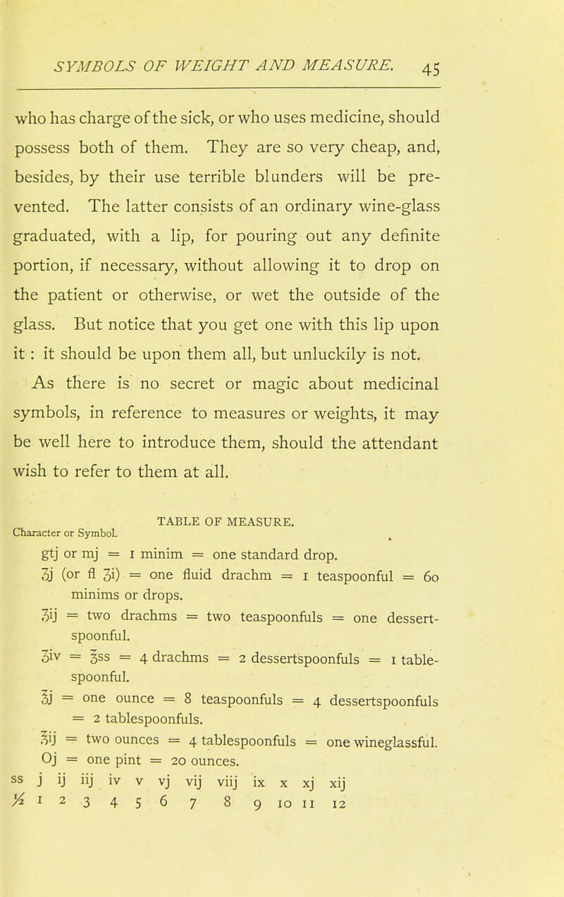 who has charge of the sick, or who uses medicine, should possess both of them. They are so very cheap, and, besides, by their use terrible blunders will be pre- vented. The latter consists of an ordinary wine-glass graduated, with a lip, for pouring out any definite portion, if necessary, without allowing it to drop on the patient or otherwise, or wet the outside of the glass. But notice that you get one with this lip upon it: it should be upon them all, but unluckily is not. As there is no secret or magic about medicinal symbols, in reference to measures or weights, it may be well here to introduce them, should the attendant wish to refer to them at all. TABLE OF MEASURE. Character or Symbol. gtj or mj = 1 minim = one standard drop. 3j (or fl 3i) = one fluid drachm = 1 teaspoonful = 60 minims or drops. 3ij = two drachms = two teaspoonfuls = one dessert- spoonful. 3iv = gss = 4 drachms = 2 dessertspoonfuls = 1 table- spoonful. gj = one ounce = 8 teaspoonfuls = 4 dessertspoonfuls = 2 tablespoonfuls. 3ij = two ounces = 4 tablespoonfuls = one wineglassful. Oj = one pint = 20 ounces, ss j ij iij iv v vj vij viij ix x xj xij % 1 2 3 4 5 6 7 8 9 10 11 12