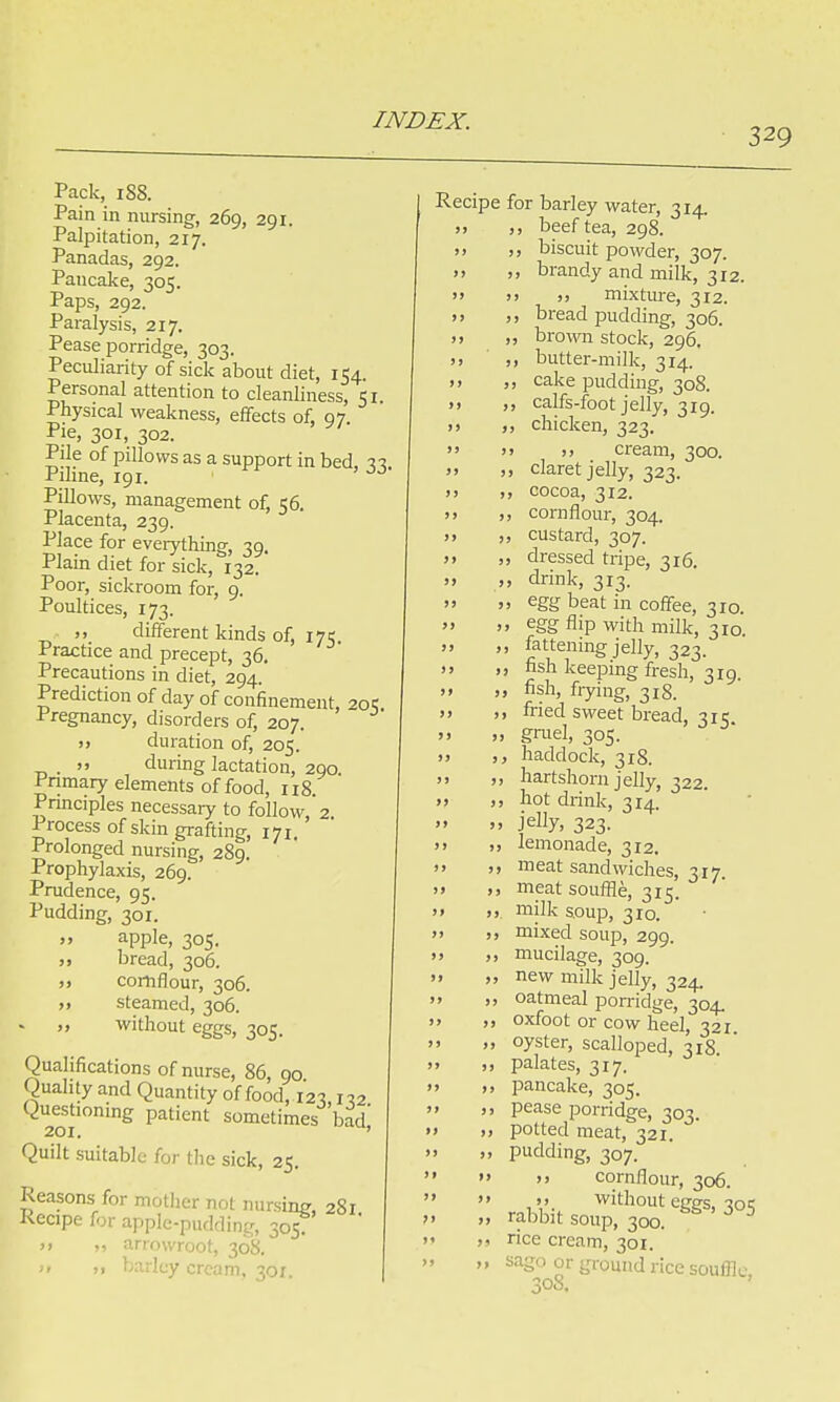 329 Pack, 188. Pain in nursing, 269, 291. Palpitation, 217. Panadas, 292. Pancake, 305. Paps, 292. Paralysis, 217. Pease porridge, 303. Peculiarity of sick about diet, 154. Personal attention to cleanliness, 51. Physical weakness, effects of, 97 P?e. 301, 302. Pile of pillows as a support in bed, 33 Piline, 191. JJ Pillows, management of, 56. Placenta, 239. Place for everything, 39. Plain diet for sick, 132. Poor, sickroom for, 9. Poultices, 173. >, different kinds of, 175 Practice and precept, 36. Precautions in diet, 294. Prediction of day of confinement, 20C Pregnancy, disorders of, 207. )> duration of, 205. >> during lactation, 290. Primary elements of food, 118 Principles necessary to follow, 2. Process of skin grafting, 171, Prolonged nursing, 289. Prophylaxis, 269. Prudence, 95. Pudding, 301.  aPple, 305. „ bread, 306. „ cornflour, 306. >> steamed, 306. „ without eggs, 305. Qualifications of nurse, 86, 90 Quality and Quantity of food, 123 112 Questioning patient sometimes bad, Quilt suitable for the sick, 25. Reasons for mother not nursing, 281 Recipe for apple-pudding, 305? M „ arrowroot, 308. >» „ barley cream, 301. 99 Recipe for barley water, 314. -- beef tea, 298. biscuit powder, 307. brandy and milk, 312. ,, mixture, 312. bread pudding, 306. brown stock, 296. butter-milk, 314. cake pudding, 308. calfs-foot jelly, 319. chicken, 323. cream, 300. claret jelly, 323. cocoa, 312. cornflour, 304. custard, 307. dressed tripe, 316. drink, 313. egg beat in coffee, 310. egg flip with milk, 310. fattening jelly, 323. fish keeping fresh, 319. fish, frying, 318. fried sweet bread, 315 gruel, 305. haddock, 318. hartshorn jelly, 322. hot drink, 314. jelly, 323. lemonade, 312. meat sandwiches, 317 meat souffle, 315. milk soup, 310. mixed soup, 299. mucilage, 309. new milk jelly, 324. oatmeal porridge, 304. oxfoot or cow heel, 321 oyster, scalloped, 31S. palates, 317, pancake, 305. pease porridge, 303. potted meat, 321. pudding, 307. >) cornflour, 306. » without eggs, 30? rabbit soup, 300. b rice cream, 301. sago or ground rice souffle, 308. 99 J y 99 99 9 9 99 99 99 9 J 99 ) 9 99 99 99, 99 99 99 99 99 99 • I