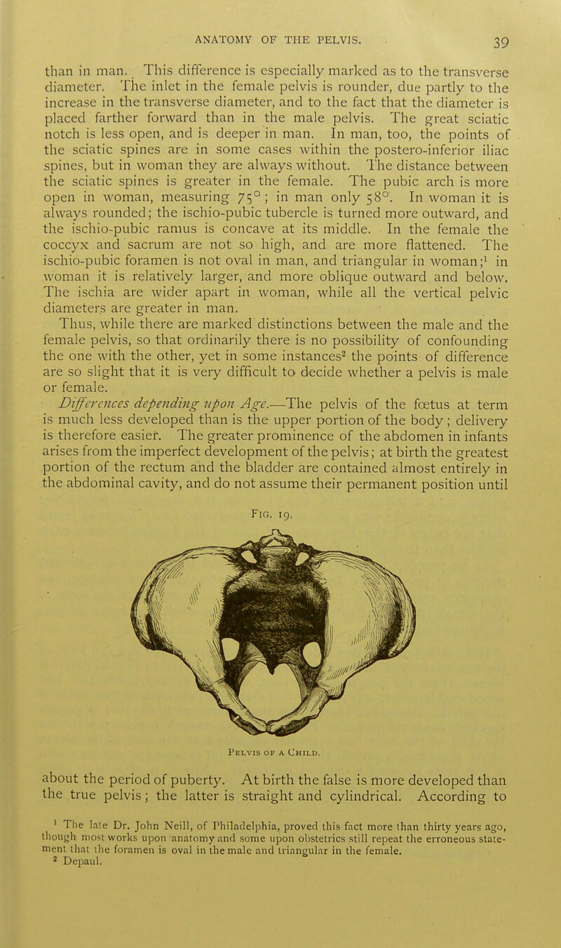 than in man. This difference is especially marked as to the transverse diameter. The inlet in the female pelvis is rounder, due partly to the increase in the transverse diameter, and to the fact that the diameter is placed farther forward than in the male pelvis. The great sciatic notch is less open, and is deeper in man. In man, too, the points of the sciatic spines are in some cases within the postero-inferior iliac spines, but in woman they are always without. The distance between the sciatic spines is greater in the female. The pubic arch is more open in woman, measuring 75°; in man only 580. In woman it is always rounded; the ischio-pubic tubercle is turned more outward, and the ischio-pubic ramus is concave at its middle. In the female the coccyx and sacrum are not so high, and are more flattened. The ischio-pubic foramen is not oval in man, and triangular in woman;1 in woman it is relatively larger, and more oblique outward and below. The ischia are wider apart in woman, while all the vertical pelvic diameters are greater in man. Thus, while there are marked distinctions between the male and the female pelvis, so that ordinarily there is no possibility of confounding the one with the other, yet in some instances2 the points of difference are so slight that it is very difficult to decide whether a pelvis is male or female. Differences depending upon Age.—The pelvis of the foetus at term is much less developed than is the upper portion of the body; delivery is therefore easier. The greater prominence of the abdomen in infants arises from the imperfect development of the pelvis; at birth the greatest portion of the rectum and the bladder are contained almost entirely in the abdominal cavity, and do not assume their permanent position until Fig. 19. Pelvis of a Child. about the period of puberty. At birth the false is more developed than the true pelvis; the latter is straight and cylindrical. According to 1 The late Dr. John Neill, of Philadelphia, proved this fact more than thirty years ago, though most works upon anatomy and some upon obstetrics still repeat the erroneous state- ment that the foramen is oval in the male and triangular in the female. 2 Depaul.