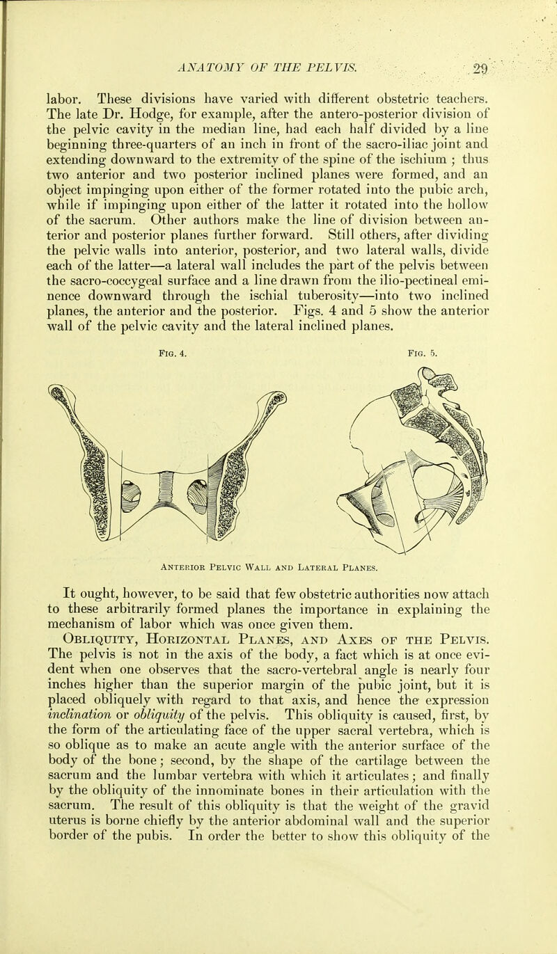 labor. These divisions have varied with different obstetric teachers. The late Dr. Hodge, for example, after the antero-posterior division of the pelvic cavity in the median line, had each half divided by a line beginning three-quarters of an inch in front of the sacro-iliac joint and extending downward to the extremity of the spine of the ischium ; thus two anterior and two posterior inclined planes were formed, and an object impinging upon either of the former rotated into the pubic arch, while if impinging upon either of the latter it rotated into the hollow of the sacrum. Other authors make the line of division between an- terior and posterior planes further forward. Still others, after dividing the pelvic walls into anterior, posterior, and two lateral walls, divide each of the latter—a lateral wall includes the part of the pelvis between the sacro-coccygeal surface and a line drawn from the ilio-pectineal emi- nence downward through the ischial tuberosity—into two inclined planes, the anterior and the posterior. Figs. 4 and 5 show the anterior wall of the pelvic cavity and the lateral inclined planes. Fig. 4. Fig. 5. Anterior Pelvic Wall and Lateral Planes. It ought, however, to be said that few obstetric authorities now attach to these arbitrarily formed planes the importance in explaining the mechanism of labor which was once given them. Obliquity, Horizontal, Planes, and Axes of the Pelvis. The pelvis is not in the axis of the body, a fact which is at once evi- dent when one observes that the sacro-vertebral angle is nearly four inches higher than the superior margin of the pubic joint, but it is placed obliquely with regard to that axis, and hence the expression inclination or obliquity of the pelvis. This obliquity is caused, first, by the form of the articulating face of the upper sacral vertebra, which is so oblique as to make an acute angle with the anterior surface of the body of the bone; second, by the shape of the cartilage between the sacrum and the lumbar vertebra with which it articulates; and finally by the obliquity of the innominate bones in their articulation with the sacrum. The result of this obliquity is that the weight of the gravid uterus is borne chiefly by the anterior abdominal wall and the superior border of the pubis. In order the better to show this obliquity of the