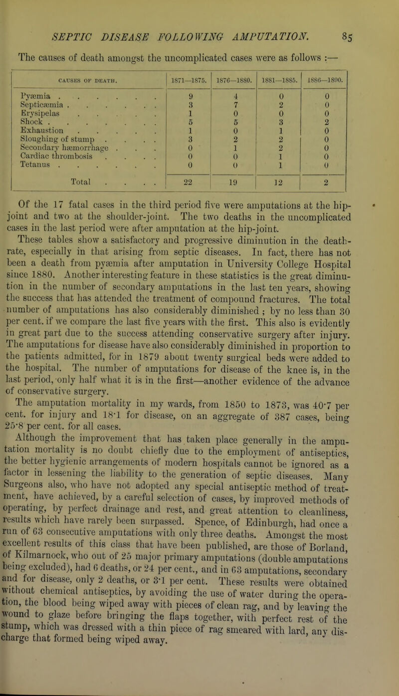 The causes of death amongst the uncomplicated cases were as follows :— CAUSES or DEATH. 1871—1S75. 1876—1880. 1881—18S5. 1880-1800. Pyaemia ...... 9 4 0 0 Q i> 7 1 0 u Erysipelas 1 0 0 0 Shock '-i 9 it Exhaustion 1 0 1 0 Sloughing of stump . . . . 3 2 2 0 Secondary liEemorrhage . 0 1 2 0 Cardiac thrombosis . . . . 0 0 1 0 Tetanus ...... 0 0 1 u Total .... 22 19 12 2 Of the 17 fatal cases in the third period five were amputations at the hip- joint and two at the shoulder-joint. The two deaths in the uncomplicated cases in the last period were after amputation at the hip-joint. These tables show a satisfactory and progressive diminution in the death- rate, especially in that arising from septic diseases. In fact, there has not been a death from pysemia after amputation in University College Hospital since 1880. Another interesting feature in these statistics is the great diminu- tion in the number of secondary amputations in the last ten years, showing the success that has attended the treatment of compound fractures. The total • number of amputations has also considerably diminished ; by no less than 30 per cent, if we compare the last five years with the first. This also is evidently in great part due to the success attending conservative surgery after injury. The amputations for disease have also considerably diminished in proportion to the patients admitted, for in 1879 about twenty surgical beds were added to the hospital. The number of amputations for disease of the knee is, in the last period, only half what it is in the first—another evidence of the advance of conservative surgery. The amputation mortality in my wards, from 1850 to 1873, was 407 per cent, for injury and 18*1 for disease, on an aggregate of 387 cases, being 25-8 per cent, for all cases. Although the improvement that has taken place generally in the ampu- tation mortality is no doubt chiefly due to the employment of antiseptics, the better hygienic arrangements of modern hospitals cannot be ignored as a factor in lessening the liability to the generation of septic diseases. Many Surgeons also, who have not adopted any special antiseptic method of treat- ment, have achieved, by a careful selection of cases, by improved methods of operating, by perfect drainage and rest, and great attention to cleanliness results which have rarely been surpassed. Spence, of Edinburgh, had once a run of 63 consecutive amputations with only three deaths. Amongst the most excellent results of this class that have been published, are those of Borland of Kilmarnock, who out of 25 major primary amputations (double amputations being excluded), had G deaths, or 24 per cent., and in G3 amputations, secondary and for disease, only 2 deaths, or 3-1 per cent. These results were obtained without chemical antiseptics, by avoiding the use of water during the opera- tion, the blood being wiped away with pieces of clean rag, and by leavino- the wound to glaze before bringing the flaps together, with perfect rest of the stump, which was dressed with a thin piece of rag smeared with lard, any dis- charge that formed being wiped away. I