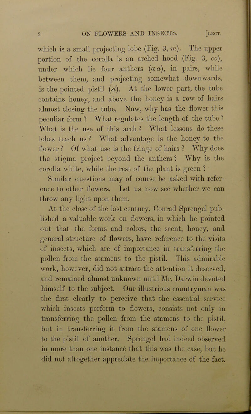 wliicli is a small projecting lobe (Fig- 3, m). The upper portion of the corolla is an arched hood (Fig. 3, co), under which lie four anthers {a a), in pairs, while between them, and projecting somewhat downwards, is the pointed pistil {st). At the lower part, the tube contains honey, and above the honey is a row of hairs almost closing the tube. Now, why has the flower this peculiar form ? What regulates the length of the tube ? What is the use of this arch ? What lessons do these lobes teach us ? What advantage is the honey to the flower ? Of what use is the fringe of hairs ? AVhy does the stigma project beyond the anthers ? Why is the corolla white, while the rest of the plant is green ? Similar questions may of course be asked with refer- ence to other flowers. Let us now see whether we can throw any light upon them. At the close of the last century, Conrad Sprengel pub- lished a valuable work on flow^ers, in which he pointed out that the forms and colors, the scent, honey, and general structure of flowers, have reference to the visits of insects, which are of importance in transferring the pollen from the stamens to the pistil. This admirable work, however, did not attract the attention it deserved, and remained almost unknown until Mr. Darwin devoted himself to the subject. Our illustrious countryman was the first clearly to perceive that the essential service which insects perform to flowers, consists not only in transferring the pollen from the stamens to the pistil, but in transferring it from the stamens of one flower to the pistil of another. Sprengel had indeed observed in more than one instance that this was the case, but he did not altogether appreciate the importance of the fact.