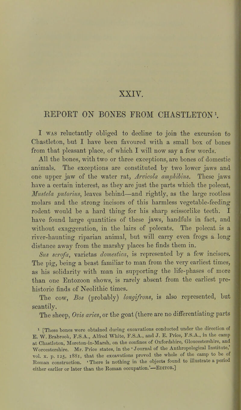 XXIV. BEPOET ON BONES FROM CHASTLETON\ I WAS reluctantly obliged to decline to join the excursion to Cbastleton, but I have been favoured with a small box of bones from that pleasant place, of which I will now say a few words. All the bones, with two or three exceptions, are bones of domestic animals. The exceptions are constituted by two lower jaws and one upper jaw of the water rat, Arvicola ampldhms. These jaws have a certain interest, as they are just the parts which the polecat, Miistela putorius, leaves behind—and rightly, as the large rootless molars and the strong incisors of this harmless vegetable-feeding rodent would be a hard thing for his sharp scissorlike teeth. I have found large quantities of these jaws, handfuls in fact, and without exaggeration, in the lairs of polecats. The polecat is a river-haunting riparian animal, but will carry even frogs a long distance away from the marshy places he finds them in. 8us scrofa, varietas domestica, is represented by a few incisors. The pig, being a beast familiar to man from the very earliest times, as his solidarity with man in supporting the life-phases of more than one Entozoon shows, is rarely absent from the earliest pre- historic finds of Neolithic times. The cow, Bos (probably) longifrons, is also represented, but scantily. The sheep, Ovis aries, or the goat (there are no difierentiating parts ^ [These bones were obtained during excavations conducted under the direction of E. W. Brabrook, F.S.A., Alfred White, F.S.A., and J. E. Price, F.S.A., in the camp at Chastleton, Moreton-in-Marsh, on the confines of Oxfordshire, Gloucestershire, and Worcestershire. Mr. Price states, in the ' Journal of the Anthropological Institute,' vol. X. p. 125, 1881, that the excavations proved the whole of the camp to be of Koman construction. ' There is nothing in the objects found to illustrate a period either earlier or later than the Koman occupation.'—Editob.]