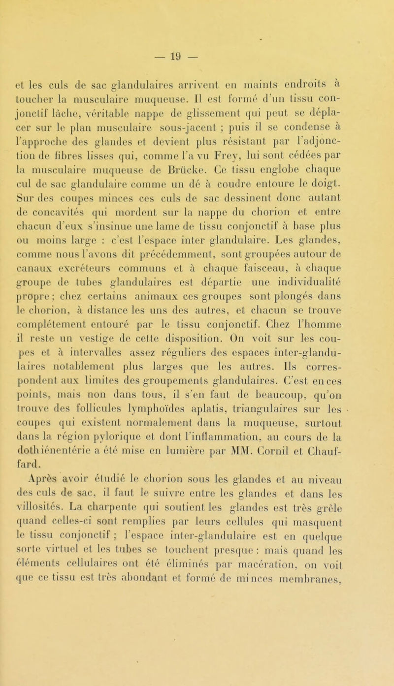 et les culs de sac gluiidiilaires arrivent eu maints endroits a toucher la musculaire muqueuse. Il est formé d un tissu con- jonctif làclie, véritable nappe de glissement qui peut se dépla- cer sur le plan musculaire sous-jacent ; puis il se condense à l'approche des glandes et devient plus résistant par l'adjonc- tion de fibres lisses qui, comme l'a vu Frey, lui sont cédées par la musculaire muqueuse de Briicke. Ce tissu englobe chaque cul de sac glandulaire comme un dé à coudre entoure le doigt. Sur des coupes minces ces culs de sac dessinent donc autant de concavités (jui mordent sur la nappe du chorion et entre chacun d'eux s'iusiuue une lame de tissu conjonctif à base plus ou moins large : c'est l'espace inter glandulaire. Les glandes, comme nous l'avons dit précédemment, sont groupées autour de canaux excréteurs communs et à chaque faisceau, à chaque groupe de tubes glandulaires est départie une individualité propre ; chez certains animaux ces groupes sont plongés dans le chorion, à distance les uns des autres, et chacun se trouve complètement entouré par le tissu conjonctif. Chez l'homme il reste un vestige de cette disposition. On voit sur les cou- pes et à intervalles assez réguliers des espaces inter-glandu- laires notablement plus larges que les autres. Ils corres- pondent aux limites des groupements glandulaires. C'est en ces points, mais non dans tous, il s'en faut de beaucoup, qu'on trouve des follicules lympiioïdes aplatis, triangulaires sur les coupes (jui existent normalement dans la nuK|ueuse, surtout dans la région pylorique et dont l'inflaunnation, au cours de la dothiénenlérie a été mise en lumière par MM. Cornil et Chauf- fard. Après avoir étudié le chorion sous les glandes et au niveau des culs de sac, il faut le suivre entre les glandes et dans les villosités. La charpente qui soutient les glandes est très grêle quand celles-ci sont remplies par leurs cellules qui masquent le tissu conjonctif : l'espace inter-glandulaire est en quelque sorte virtuel et les tubes se touchent pi'esque : mais quand les éh'>ments cellulaires ont été éliminés par macération, on voit que ce tissu est très abondant et formé de minces membranes,