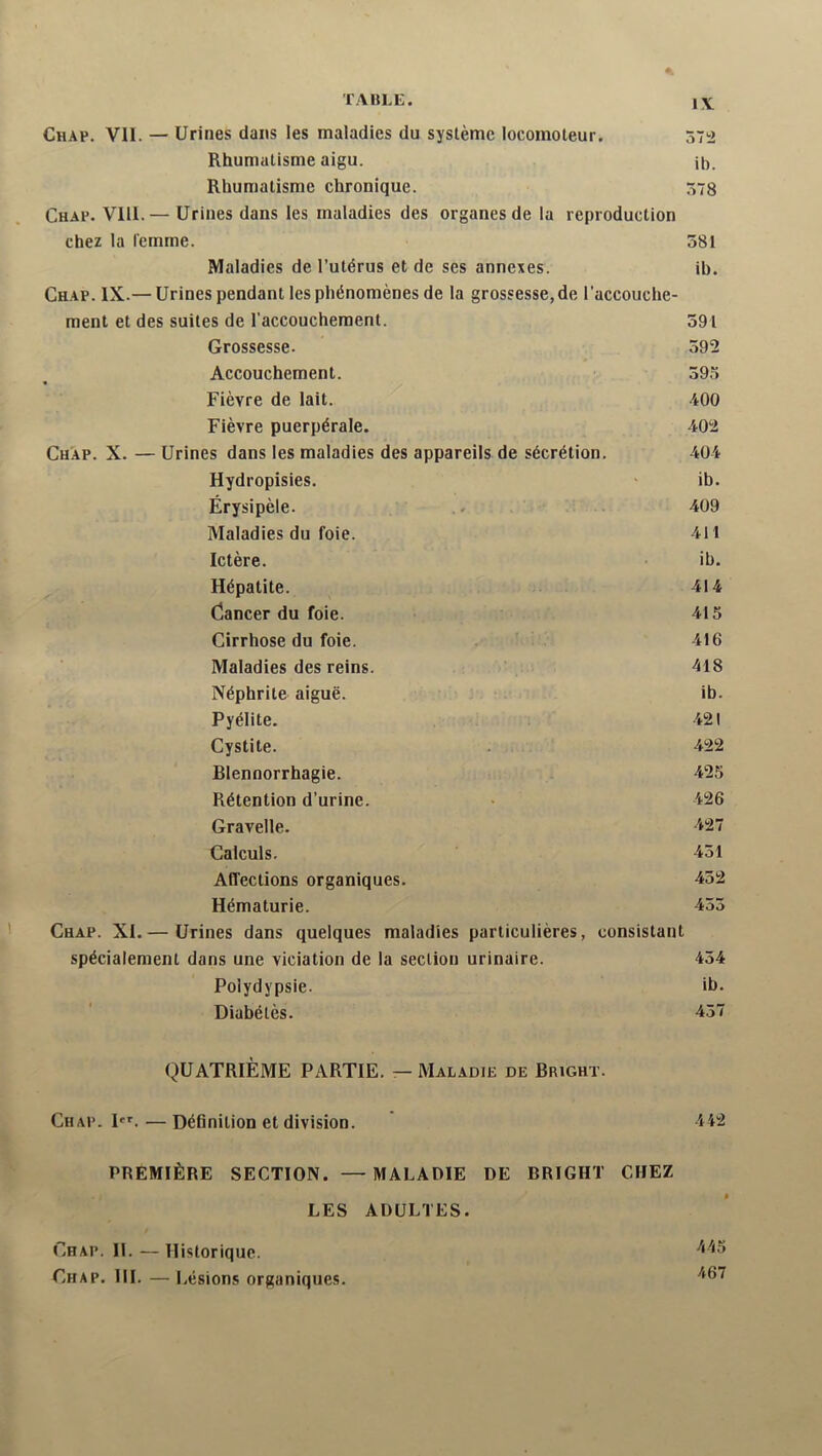 TAHLE. lY Chap. vu. —Urines dans les maladies du système locomoteur. 572 Rhumatisme aigu. ih. Rhumatisme chronique. 578 Chap. Vlll.— Urines dans les maladies des organes de la reproduction chez la femme. 581 Maladies de l’utérus et de ses annexes. ib. Chap. IX.— Urines pendant les phénomènes de la grossesse, de l’accouche- ment et des suites de l’accouchement. 591 Grossesse. 592 Accouchement. 595 « Fièvre de lait. 400 Fièvre puerpérale. 402 Chap. X. — Urines dans les maladies des appareils de sécrétion. 404 Hydropisies. ■ ib. Érysipèle. .. 409 Maladies du foie. 411 Ictère. ib. Hépatite. 414 Éancer du foie. 415 Cirrhose du foie. 416 Maladies des reins. 418 Néphrite aiguë. ib. Pyélite. 421 Cystite. . 422 Blennorrhagie. 425 Rétention d’urine. • 426 Gravelle. 427 Calculs. 451 Affections organiques. 452 Hématurie. 453 Chap. XI. — Urines dans quelques maladies particulières, consistant spécialement dans une viciation de la section urinaire. 454 Polydypsie. ib. Diabétès. 457 QUATRIÈME PARTIE. — Maladie de Bright. Chap. I.—Définition et division. * 442 PREMIÈRE SECTION. —MALADIE DE BRIGHT CHEZ LES ADULTES. Chap. II. — Historique. Chap. III. — Lésions organiques.