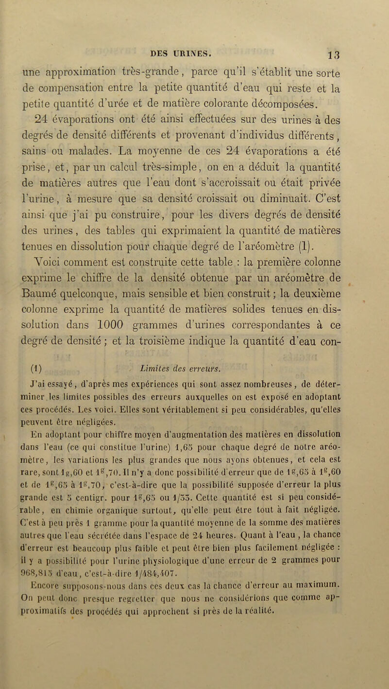 une approximation très-grande, parce qu’il s’établit une sorte de compensation entre la petite quantité d’eau qui reste et la petite quantité d’urée et de matière colorante décomposées. 24 évaporations ont été ainsi effectuées sur des urines à des degrés de densité différents et provenant d’individus différents, sains ou malades. La moyenne de ces 24 évaporations a été prise, et, par un calcul très-simple, on en a déduit la quantité de matières autres que l’eau dont s’accroissait ou était privée l’urine, à mesure que sa densité croissait ou diminuait. C’est ainsi que j’ai pu construire, pour les divers degrés de densité des urines, des tables qui exprimaient la quantité de matières tenues en dissolution pour chaque degré de l’aréomètre (1). Voici comment est construite cette table : la première colonne exprime le chiffre de la densité obtenue par un aréomètre de Baumé quelconque, mais sensible et bien construit; la deuxième colonne exprime la quantité de matières solides tenues en dis- solution dans 1000 grammes d’urines correspondantes à ce degré de densité ; et la troisième indique la quantité d’eau con- (I) Limites des erreurs. J’ai essayé, d’après mes expériences qui sont assez nombreuses, de déter- miner les limites possibles des erreurs auxquelles on est exposé en adoptant ces procédés. Les voici. Elles sont véritablement si peu considérables, qu’elles peuvent être négligées. En adoptant pour chiffre moyen d’augmentation des matières en dissolution dans l’eau (ce qui constitue l’urine) 1,65 pour chaque degré de notre aréo- mètre, les variations les plus grandes que nous ayons obtenues, et cela est rare, sont lg,60 et 1^,70. II n’y a donc possibilité d'erreur que de 18,65 à 1§,60 et de 18,65 à 1,70, c’est-à-dire que la possibilité supposée d’erreur la plus grande est 5 centigr. pour 18,65 ou 1/53. Cette quantité est si peu considé- rable, en chimie organique surtout, qu’elle peut être tout à fait négligée. C’est à peu près 1 gramme pour la quantité moyenne de la somme des matières autres que l'eau sécrétée dans l’espace de 24 heures. Quant à l’eau , la chance d’erreur est beaucoup plus faible et peut être bien plus facilement négligée : il y a possibilité pour l’urine physiologique d’une erreur de 2 grammes pour 968,815 d’eau, c’est-à-dire 1/484,407. Encore supposons-nous dans ces deux cas la chance d’erreur au maximum. On peut donc presque regretter que nous ne considérions que comme ap- proximatifs des procédés qui approchent si i)iès de la réalité.