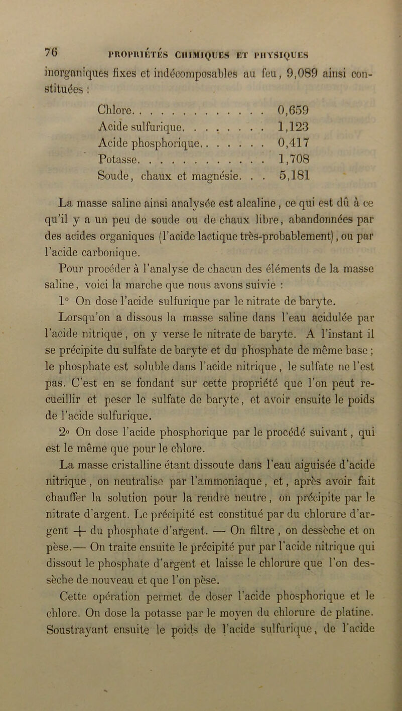inorganiques fixes et indécomposables au feu, 9,089 ainsi con- stituées : Chlore 0,659 Acide sulfurique 1,123 Acide phosphorique 0,417 Potasse 1,708 Soude, chaux et magnésie. . . 5,181 La masse saline ainsi analysée est alcaline, ce qui est dû à ce qu’il y a un peu de soude ou de chaux libre, abandonnées par des acides organiques (l’acide lactique très-probablement), ou par l’acide carbonique. Pour procéder à l’analyse de chacun des éléments de la masse saline, voici la marche que nous avons suivie : 1“ On dose l’acide sulfurique par le nitrate de baryte. Lorsqu’on a dissous la masse saline dans l’eau acidulée par l’acide nitrique , on y verse le nitrate de baryte. A l’instant il se précipite du sulfate de baryte et du phosphate de même base ; le phosphate est soluble dans l’acide nitrique , le sulfate ne l’est pas. C’est en se fondant sur cette propriété que l’on peut re- cueillir et peser le sulfate de baryte, et avoir ensuite le poids de l’acide sulfurique. 2° On dose l’acide phosphorique par le procédé suivant, qui est le même que pour le chlore. La masse cristalline étant dissoute dans l’eau aiguisée d’acide nitrique , on neutralise par l’ammoniaque, et, après avoir fait chauffer la solution pour la rendre neutre, on précipite par le nitrate d’argent. Le précipité est constitué par du chlorure d’ar- gent du phosphate d’argent. — On filtre , on dessèche et on pèse.— On traite ensuite le précipité pur par l’acide nitrique qui dissout le phosphate d’argent et laisse le chlorure que l’on des- sèche de.nouveau et que l’on pèse. Cette opération permet de doser l'acide phosphorique et le chlore. On dose la potasse par le moyen du chlorure de platine. Soustrayant ensuite le poids de l’acide sulfurique, de l'acide