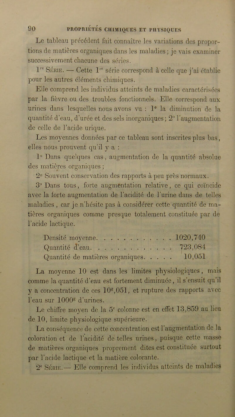 Le tableau précédent fait connaître les variations des propor- tions de matières organiques dans les maladies ; je vais examiner successivement cliacane des séries. 1’® SÉRIE. — Cette 1‘® série correspond à celle que j’ai établie pour les autres éléments chimiques. Elle comprend les individus atteints de maladies caractérisées par la fièvre ou des troubles fonctionnels. Elle correspond aux urines dans lesquelles nous avons vu : 1° la diminution de la quantité d’eau, durée et des sels inorganiques; 2® l’augmentation de celle de l’acide urique. Les moyennes données par ce tableau sont inscrites plus bas, elles nous prouvent qu’il y a : 1° Dans quelques cas, augmentation de la quantité absolue des matières organiques ; 2° Souvent conservation des rapports à peu près normaux. 3“ Dans tous, forte augmentation relative, ce qui coïncide avec la forte augmentation de l’acidité de l’urine dans de telles maladies , car je n’hésite pas à considérer cette quantité de ma- tières organiques comme presque totalement constituée par de l’acide lactique. Densité moyenne 1020,740 Quantité d’eau y23,084 Quantité de matières organiques 10,051 La moyenne 10 est dans les limites physiologiques, mais comme la quantité d’eau est fortement diminuée, il s’ensuit qu’il y a concentration de ces 10^,051, et rupture des rapports avec l’eau sur 1000^ d’urines. Le chiffre moyen de la 5® colonne est en effet 13,859 au lieu de 10, limite physiologique supérieure. La conséquence de cette concentration est l’augmentation de la coloration et de l’acidité de telles urines, puisque cette masse de matières organiques proprement dites est constituée surtout par l’acide lactique et la matière colorante. 2® SÉRIE.— Elle comprend les individus atteints de maladies