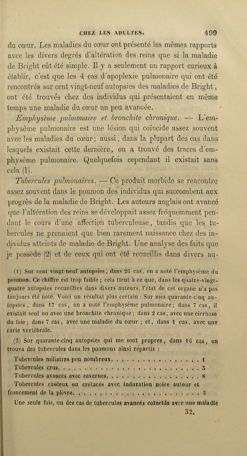 du cœur. Les maladies du cœur ont présenté les mêmes rapports avec les divers degrés d’altération des reins que si la maladie de Bright eût été simple. 11 y a seulement un rapport curieux à établir, c’est que les 4 cas d’apoplexie pulmonaire qui ont été rencontrés sur cent vingt-neuf autopsies des maladies de Bright, ont été trouvés chez des individus qui présentaient en même temps une maladie du cœur un peu avancée. Emphysème pulmonaire et bronchite chronique. '— L’em- physème pulmonaire est une lésion qui coïncide assez souvent avec les maladies du cœur; aussi, dans la plupart des cas dans lesquels existait cette dernière, on a trouvé des traces d’em- physème pulmonaire. Quelquefois cependant il existait sans cela (1). Tubercules qmlmonaires. — Ce produit morbide se rencontre assez souvent dans le poumon des individus qui succombent aux progrès de la maladie de Bright. Les auteurs anglais ont avancé que l’altération des reins se développait assez fréquemment pen- dant le cours d’une affection tuberculeuse, tandis que les tu- bercules ne prenaient que bien rarement naissance chez des in- dividus atteints de maladie de Bright. Une analyse des faits que je possède (2) et de ceux qui ont été recueillis dans divers au- (1) Sur ccnl vingt-neuf autopsies, clans 26 cas, on a noté l’emphysème du poumon. Ce chirTre est trop faible ; cela tient à ce que, dans les quatre-vingt- quatre autopsies recueillies dans divers auteurs, l’état de cet organe n’a pas toujours été noté. Voici un résultat plus certain : Sur mes quarante-cinq au- topsies , dans 17 cas, on a noté l’emphysème pulmonaire; dans 7 cas, il existait seul ou avec une bronchite chronique ; dans 2 cas, avec une cirrhose du foie ; dans 7 cas, avec une maladie du cœur ; et, dans 1 cas. avec une carie vertébrale. (2) Sur quarante-cinq autopsies qui me sont propres, dans 16 cas, on trouva des tubercules dans les poumons ainsi répartis ; Tubercules miliaires peu nombreux 1 Tubercules crus 3 Tubercules avancés avec cavernes 8 Tubercules caséeux ou crétacés avec induration noire autour et froncement de la plèvre 5 Une seule fois, un des cas de tubercules avancés coïncida avec une maladie 32.