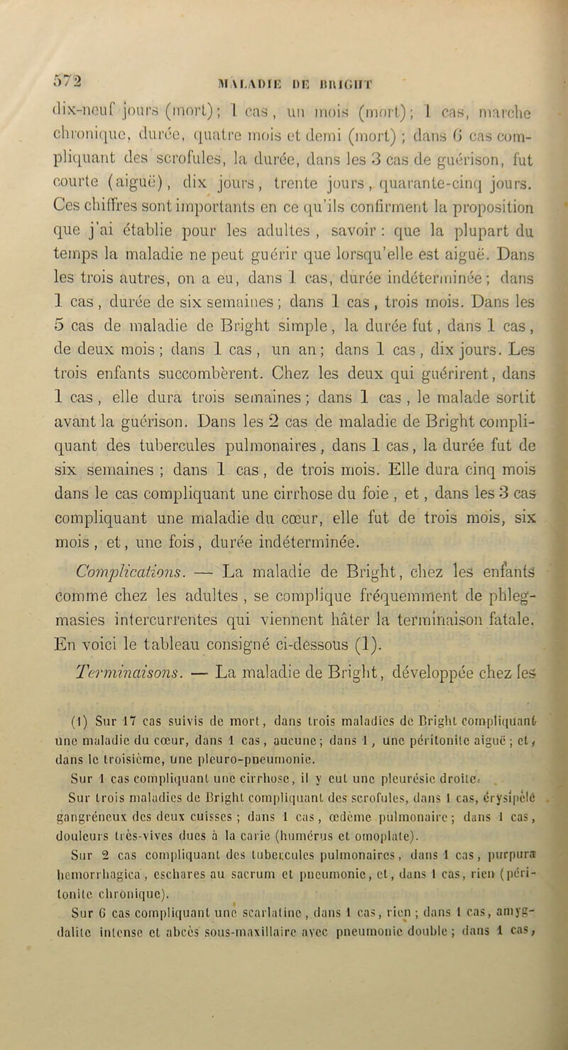 MM.ADIIÎ DE nuiOUT 0/2 (lix-iH3ur jours (morl) ; 1 cas , un mois (mort); 1 cas, marche chronique, durée, (|uatre mois et demi (mort) ; dans (> cas com- pliquant des scrofules, la durée, dans les 3 cas de guérison, fut courte (aiguë), dix jours, trente jours, quarante-cinq jours. Ces chiffres sontijnportants en ce qu’ils confirment la proposition que j’ai établie pour les adultes , savoir ; que la plupart du temps la maladie ne peut guérir que lorsqu’elle est aiguë. Dans les trois autres, on a eu, dans 1 cas, durée indéterminée; dans 1 cas, durée de six semaines ; dans 1 cas, trois mois. Dans les 5 cas de maladie de Bright simple, la durée fut, dans 1 cas, de deux mois; dans 1 cas, un an; dans 1 cas, dix jours. Les trois enfants succombèrent. Chez les deux qui guérirent, dan.s 1 cas , elle dura trois semaines ; dans 1 cas , le malade sortit avant la guérison. Dans les 2 cas de maladie de Bright compli- quant des tubercules pulmonaires, dans 1 cas, la durée fut de six semaines ; dans 1 cas, de trois mois. Elle dura cinq mois dans le cas compliquant une cirrhose du foie , et, dans les 3 cas compliquant une maladie du cœur, elle fut de trois mois, six mois , et, une fois , durée indéterminée. Complications. — La maladie de Bright, chez les enfants comme cbez les adultes , se complique fréquemment de phleg- masies intercurrentes qui viennent hâter la terminaison fatale. En voici le tableau consigné ci-dessous (1). Terminaisons. — La maladie de Bright, développée chez les (1) Sur 17 cas suivis de mort, dans trois maladies de Briglil compliquant une maladie du cœur, dans 1 cas, aucune ; dans 1, une péritonite aiguë ; et / dans le troisième, une pleuro-pncumonie. Sur 1 cas compliquant une cirrhose, il y eut une pleurésie droite. Sur trois maladies de Bright compliquant des scrofules, dans 1 cas, crysipcié . gangréneux des deux cuisses ; dans 1 cas, œdème pulmonaire; dans 1 cas, douleurs très-vives dues à la carie (humérus et omoplate). Sur 2 cas compliquant des tubercules pulmonaires, dans! cas, purpura hcmorrhagica , eschares au sacrum et pneumonie, et, dans 1 cas, rien (péri- tonite chronique). Sur G cas compliquant une scarlatine, dans 1 cas, rien ; dans I cas, amyg-