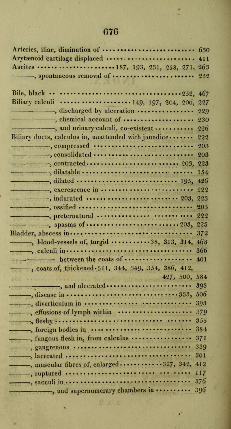 Arteries, iliac, diminution of • 630 Arytaenoid cartilage displaced 411 Ascites 187, 193, 231, 258, 271, 263 , spontaneous removal of 252 Bile, black • • • 252, 467 Biliary calculi 149, 197, 204, 206, 227 , discharged by ulceration 229 •, chemical account of .. • 230 , and urinarycalculi, co-existent 226 Biliary ducts, calculus in, unattended with jaundice • • 222 , compressed 203 consolidated 203 contracted 203, 223 , dilatable 154 , dilated 1 £5, 426 , excrescence in * 222 , indurated 203, 223 , ossified 203 , preternatural *• 222 , spasms of 203, 223 Bladder, abscess in 372 , blood-vessels of, turgid 38, 313, 314, 468 • ■, calculi in 366 between the coats of 401 , coats of, thickened.311, 344, 349, 354, 386, 412, 427, 500, 584 , and ulcerated 393 , disease in 333, 506 , diverticulum in 393 , effusions of lymph within 379 fleshy 355 , foreign bodies in • • • 384 , fungous flesh in, from calculus 371 , gangrenous 339 , lacerated * 301 , muscular fibres of, enlarged 327, 342, 412 — , ruptured 117 ——, sacculi in 376 , and supernumerary chambers in 396