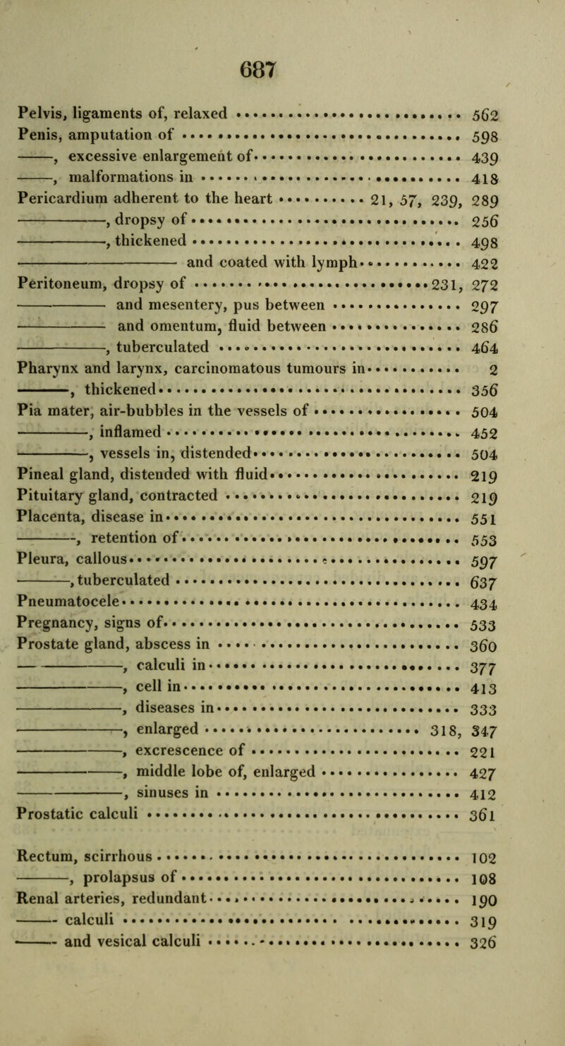 Pelvis, ligaments of, relaxed 562 Penis, amputation of 598 , excessive enlargement of 439 , malformations in .... 418 Pericardium adherent to the heart 21, 57, 239, 289 , dropsy of 256 , thickened 493 an(J coated with lymph 422 Peritoneum, dropsy of * 231, 272 and mesentery, pus between 297 and omentum, fluid between 286 , tuberculated ...» 464 Pharynx and larynx, carcinomatous tumours in 2 , thickened 356 Pia mater, air-bubbles in the vessels of • 504 , inflamed 452 , vessels in, distended 504 Pineal gland, distended with fluid 219 Pituitary gland, contracted 219 Placenta, disease in 551 , retention of 553 Pleura, callous •• •*••.. * 597 , tuberculated 637 Pneumatocele 434 Pregnancy, signs of 533 Prostate gland, abscess in .... 360 , calculi in > cell in 413 , diseases in 333 enlarged 318, 347 , excrescence of 221 , middle lobe of, enlarged 427 f sinuses in 412 Prostatic calculi 361 Rectum, scirrhous 102 , prolapsus of •• 108 Renal arteries, redundant • • . 190 calculi 319 and vesical calculi 326