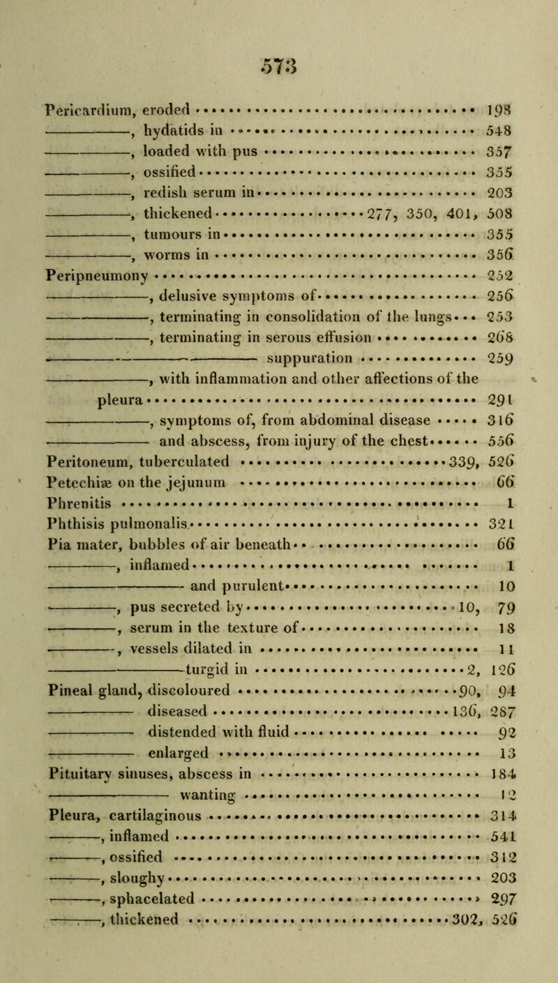 Pericardium, eroded 198 , hydatids in **••* * 548 , loaded with pus «•«•... 357 — , ossified 355 , redish serum in 203 , thickened 277, 350, 401, 508 , tumours in 355 , worms in 356 Peripneumony 252 , delusive symptoms of* 256 , terminating in consolidation of the lungs* •• 253 , terminating in serous effusion 268 • suppuration 259 , with inflammation and other affections of the <- pleura 291 , symptoms of, from abdominal disease 316' and abscess, from injury of the chest 556 Peritoneum, tuberculated *339, 526 Petechiae on the jejunum 66 Phrenitis 1 Phthisis pulmonalis 321 Pia mater, bubbles of air beneath* • 66 • , inflamed* 1 and purulent 10 • , pus secreted by 10, 79 , serum in the texture of * * 18 — , vessels dilated in 11 turgid in 2, 126 Pineal gland, discoloured * 90, 94 ■ — diseased 136, 287 distended with fluid 92 — enlarged ••••«* 13 Pituitary sinuses, abscess in * 184 wanting 12 Pleura, cartilaginous 314 — , inflamed 541 , ossified 312 , sloughy 203 , sphacelated 297 r—, thickened * * 302, 526