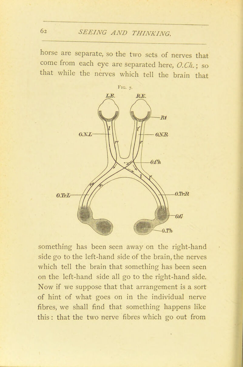 hoise aie separate, so the two sets of nerves that come from each eye are separated here, O.Ch.; so that while the nerves which tell the brain that something has been seen away on the right-hand side go to the left-hand side of the brain, the nerves which tell the brain that something has been seen on the left-hand side all go to the right-hand side. Now if we suppose that that arrangement is a sort of hint of what goes on in the individual nerve fibres, we shall find that something happens like this : that the two nerve fibres which go out from