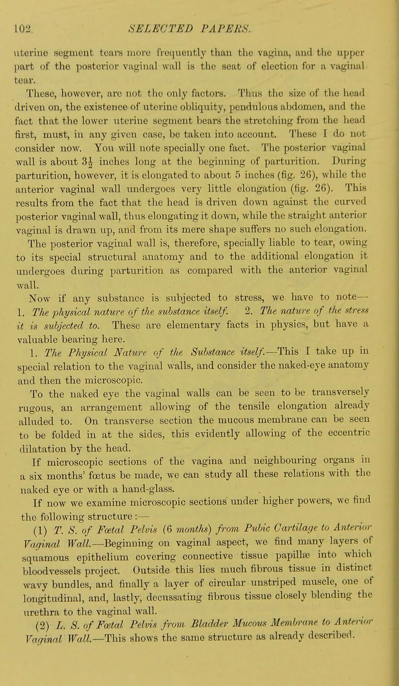 uterine segment tears more frequently than the vagina, and the upper pai't of the posterior vaginal wall is the seat of election for a vaginal tear. These, however, arc not the only factors. Thus the size of the head driven on, the existence of uterine obliquity, pendulous abdomen, and the fact that the lower uterine segment bears the stretching from the liead first, must, in any given case, be taken into account. These I do not consider now. You will note specially one fact. The posterior vaginal wall is aboiit 3| inches long at the beginning of parturition. During parturition, however, it is elongated to about 5 inches (fig. 26), while the anterior vaginal wall undergoes very little elongation (fig. 26). This results from the fact that the head is driven down against the curved posterior vaginal wall, thus elongating it down, while the straight anterior vaginal is drawn up, and from its mere shape suffers no such elongation. The posterior vaginal wall is, therefore, specially liable to tear, owing to its special structural anatomy and to the additional elongation it undergoes daring parturition as compared with the anterior vaginal wall. Now if any substance is subjected to stress, we have to note— 1. The physical nature of the substance itself. 2. The nature of the stress it is subjected to. These are elementary facts in physics, but have a valuable bearing here. 1. The Physical Nature of the Substance itself—This I take up in special relation to the vaginal walls, and consider the naked-eye anatomy and then the microscopic. To the naked eye the vaginal walls can be seen to be transversely rugous, an arrangement allowing of the tensile elongation already alluded to. On transverse section the mucous membrane can be seen to be folded in at the sides, this evidently allowing of the eccentric dilatation by the head. If microscopic sections of the vagina and neighbouring organs in a six months' foetus be made, we can study all these relations with the naked eye or with a hand-glass. If now we examine microscopic sections under higher powers, we find the following structure :— (1) T. S. of Foetal Pelvis (6 months) from Pubic Cartilage to Anteiior Vaginal Wall.—Beginning on vaginal aspect, we find many layers of squamous epithelium covering connective tissue papilljB into which bloodvessels project. Outside this lies much fibrous tissue in distinct wavy bundles, and finally a layer of circular unstriped muscle, one of longitudinal, and, lastly, decussating fibrous tissue closely blending the urethra to the vaginal wall. (2) L. S.of Foetal Pelvis from Bladder Mucous Membrane to Anterior Vaginal Wall.—This shows the same structure as already described.