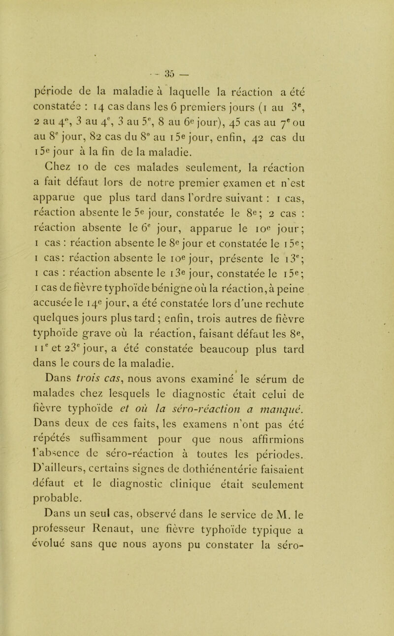 periode de la maladie a laquelle la reaction a ete constates : 14 casdans les 6 premiers jours (1 au 3e, 2 au 4P, 3 au 4% 3 au 5°, 8 au 6° jour), 45 cas au 7® ou au 8C jour, 82 cas du 8° au i5e jour, enfin, 42 cas du i5e jour a la fin de la maladie. Cfiez 10 de ces malades settlement, la reaction a fait defaut lors de notre premier examen et n’est apparue que plus tard dans Tordre suivant : 1 cas, reaction absente le 5C jour, constatee le 8e; 2 cas : reaction absente le 6e jour, apparue le ioc jour; 1 cas : reaction absente le 8C jour et constatee le 15C; 1 cas: reaction absente le ioe jour, presente le i3e; 1 cas : reaction absente le i3e jour, constatee le i5e; 1 cas de fievre typhoidebenigne ou la reaction, a peine accuseele iqe jour, a ete constatee lors dfiine rechute quelques jours plus tard ; enfin, trois autres de fievre typhoide grave ou la reaction, faisant defaut les 8e, 1 ic et 23° jour, a ete constatee beaucoup plus tard dans le cours de la maladie. Dans trois cas, nous avons examine le serum de malades chez lesquels le diagnostic etait celui de fievre typhoide et ou la sero-reaction a manque. Dans deux de ces faits, les examens n ont pas ete repetes suffisamment pour que nous affirmions 1 absence de sero-reaction a toutes les periodes. D’ailleurs, certains signes de dothienenterie faisaient defaut et le diagnostic clinique etait seulement probable. Dans un seul cas, observe dans le service de M. le professeur Renaut, une fievre typhoide typique a evolue sans que nous ayons pu constater la sero-