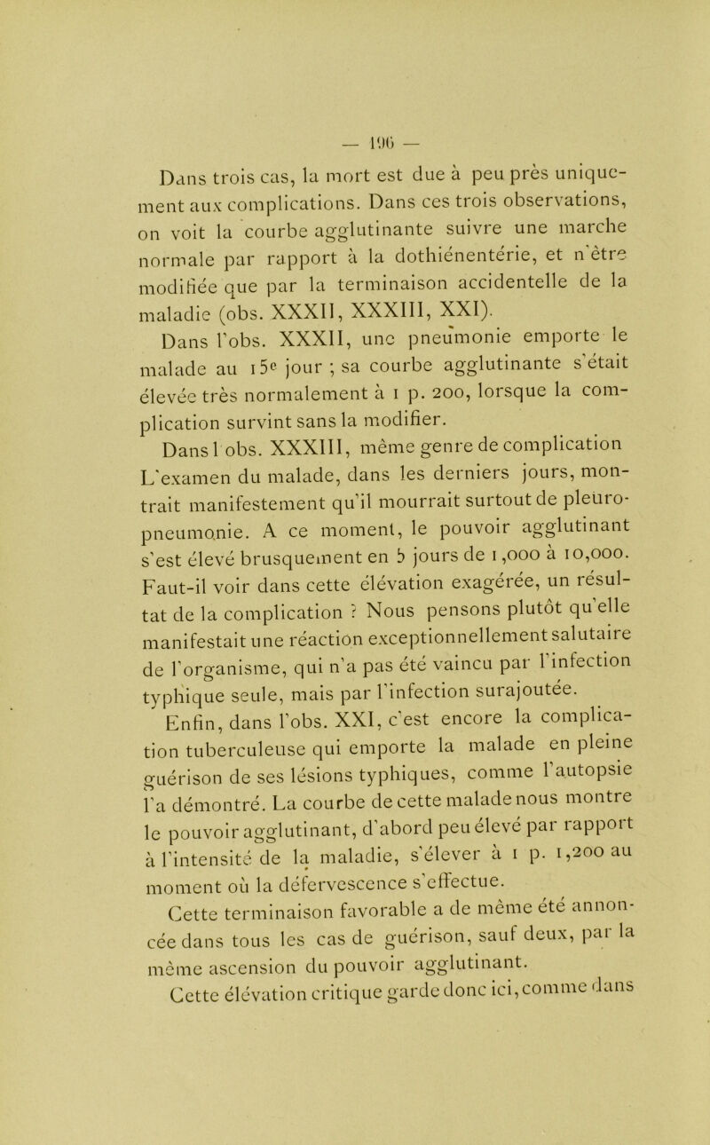 Dans trois cas, la mort est due a peu pres unique- ment aux complications. Dans ces trois observations, on voit la courbe agglutinante suivre une marche normale par rapport a la dothienentene, et n etre modifiee que par la terminaison accidentelle de la maladie (obs. XXXII, XXXIII, XXI). Dans bobs. XXXII, une pneumonie emporte le malade au 15© jour ; sa courbe agglutinante setait elevee tres normalement a i p. 200, lorsque la com- plication survint sans la modifier. Dans 1 obs. XXXIII, meme genre de complication L'examen du malade, dans les deimeis jours, mon- trait manifestement qu il mourrait suitoutde pleuto- pneumo.nie. A ce moment, le pouvoir agglutinant s'est eleve brusquement en b jours de 1,000 a 10,000. Faut-il voir dans cette elevation exageiee, un lesul- tat de la complication ? Nous pensons plutot qu elle manifestait une reaction exceptionnellement salutaire de borganisme, qui n’a pas ete vaincu par 1 infection ty phi que seule, mais par l'infection surajoutee. Enfin, dans bobs. XXI, c est encore la complica- tion tuberculeuse qui emporte la malade en pleine guerison de ses lesions typhiques, comme bautopsie ba demontre. La courbe de cette malade nous montre le pouvoir agglutinant, d’abord peu eleve par rapport a bintensite de la maladie, selever a 1 p. 1,200 au moment 011 la defervescence s effectue. Cette terminaison favorable a de meme ete annon- cee dans tous les cas de guerison, sauf deux, pat la meme ascension du pouvoir Cette elevation critique garde done ici, comme dans