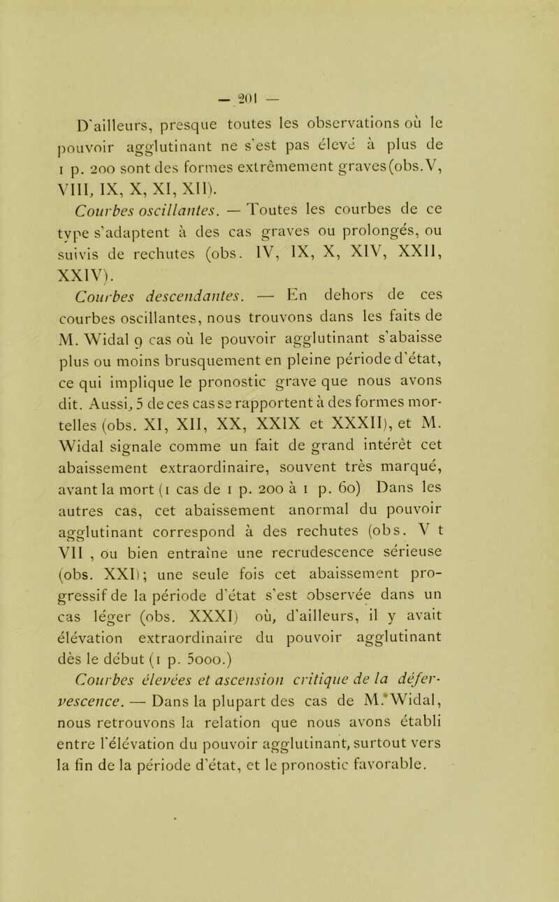 D'ailleurs, presque toutes les observations ou le pouvoir agglutinant ne s'est pas eleve a plus cle i p. 200 sont cles formes extremement graves(obs.V, VIII, IX, X, XI, XII). Courbes oscillantes. — Toutes les courbes de ce type s’adaptent a des cas graves ou prolonges, ou suivis de rechutes (obs. IV, IX, X, XIV, XXII, XXIV). Courbes descendantes. — En dehors de ces courbes oscillantes, nous trouvons dans les faits de M. Widal 9 cas ou le pouvoir agglutinant s’abaisse plus ou moins brusquement en pleine periode d’etat, ce qui implique le pronostic grave que nous avons dit. Aussi, 5 deces casse rapportent a des formes mor- telles (obs. XI, XII, XX, XXIX et XXXII), et M. Widal signale comme un fait de grand interet cet abaissement extraordinaire, souvent tres marque, avant la mort (i cas de i p. 200 a 1 p. 60) Dans les autres cas, cet abaissement anormal du pouvoir agglutinant correspond a des rechutes (obs. V t VII , ou bien entraine une recrudescence serieuse (obs. XXI); une seule fois cet abaissement pro- gressif de la periode d’etat s’est observee dans un cas leger (obs. XXXI) ou, d’ailleurs, il y avait elevation extraordinaire du pouvoir agglutinant des le debut (1 p. 5ooo.) Courbes elevees et ascension critique de la defer- vescence. — Dans la plupart des cas de M. Widal, nous retrouvons la relation que nous avons etabli entre Felevation du pouvoir agglutinant, surtout vers la fin de la periode d’etat, et le pronostic favorable.