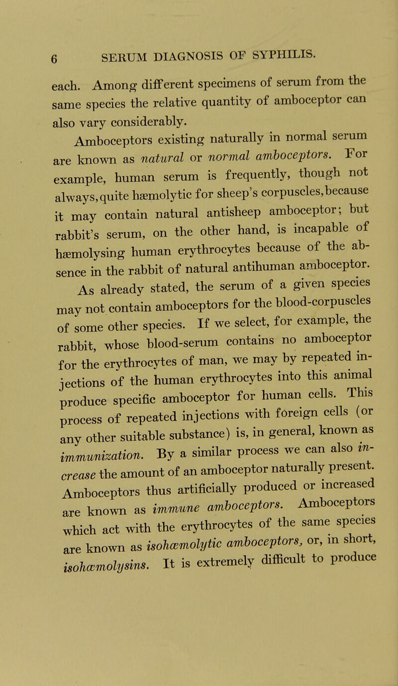 each. Among difFerent specimens of serum from the same species the relative quantity of amboceptor can also vary considerably. Amboceptors existing naturaUy in normal serum are loiown as natural or normal amboceptors. For example, human serum is frequently, though not always,quite hsemolytic for sheep's corpuscles,because it may contain natural antisheep amboceptor; but rabbit's serum, on the other hand, is incapable of hsemolysing human erythrocytes because of the ab- sence in the rabbit of natural antihuman amboceptor. As abeady stated, the serum of a given species may not contain amboceptors for the blood-corpuscles of some other species. If we select, for example, the rabbit, whose blood-serum contains no amboceptor for the erythrocytes of man, we may by repeated in- jections of the human erythrocytes into this animal produce specific amboceptor for human ceUs. This process of repeated injections with foreign cells (or any other suitable substance) is, in general, known as immunization. By a similar process we can also in- crease the amount of an amboceptor naturally present Amboceptors thus artificially produced or increased are known as immune amboceptors. Amboceptors which act with the erythrocytes of the same species are known as isohcemolytic amboceptors, or, m short, isohcmolysins. It is extremely difficult to produce