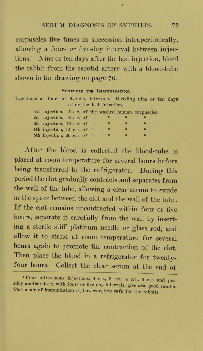 corpuscles five times in succession intraperitoneally, allowing a four- or five-day interval between injec- tions/ Nine or ten days after the last injection, bleed the rabbit from the carotid airtery with a blood-tube shown in the drawing on page 76. SCHEDTTU FOR ImMTJITIZATIOK. Injections at four- or five-day intervals. Bleeding nine or ten days after the last injection. 1st injection, 5 c.c. of the washed hiunan corpuscles. 2d injection, 8 c.c. of     3d injection, 12 c.c. of     4th injection, 15 c.c. of    « 5th injection, 20 c.c. of     After the blood is collected the blood-tube is placed at room temperature for several hours before being transferred to the refrigerator. During this period the clot gradually contracts and separates from the wall of the tube, allowing a clear serum to exude in the space between the clot and the wall of the tube. If the clot remains uncontracted within four or five hours, separate it carefully from the wall by insert- ing a sterile stiff platinum needle or glass rod, and allow it to stand at room temperature for several hours again to promote the contraction of the clot. Then place the blood in a refrigerator for twenty- four hours. Collect the clear serum at the end of iFour intravenous injections, 4 cc, 3 c.c, 4 cc, 3 c.c. and pos- sibly another 4 c.c. with four- or five-day intervals, give also good results. This mode of immunization is, however, less safe for the rabbits.