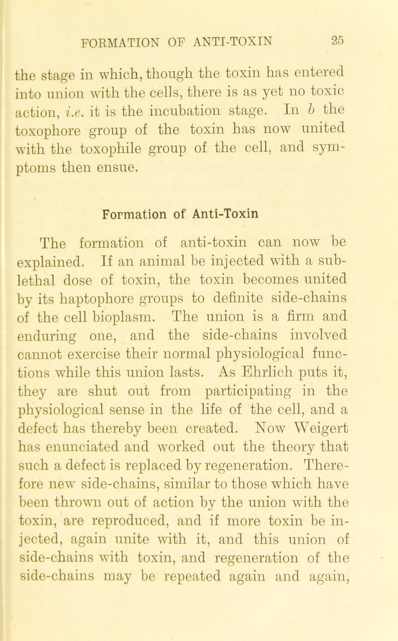 the stage in which, though the toxin has entered into union with the cells, there is as yet no toxic action, i.e. it is the incubation stage. In b the toxopliore group of the toxin has now united with the toxophile group of the cell, and sym- ptoms then ensue. Formation of Anti-Toxin The formation of anti-toxin can now be explained. If an animal be injected with a sub- lethal dose of toxin, the toxin becomes united by its haptophore groups to definite side-chains of the cell bioplasm. The union is a firm and enduring one, and the side-chains involved cannot exercise their normal physiological func- tions while this union lasts. As Ehrlich puts it, they are shut out from participating in the physiological sense in the life of the cell, and a defect has thereby been created. Now Weigert has enunciated and worked out the theory that such a defect is replaced by regeneration. There- fore new side-chains, similar to those which have been thrown out of action by the union with the toxin, are reproduced, and if more toxin be in- jected, again unite with it, and this union of side-chains with toxin, and regeneration of the side-chains may be repeated again and again,