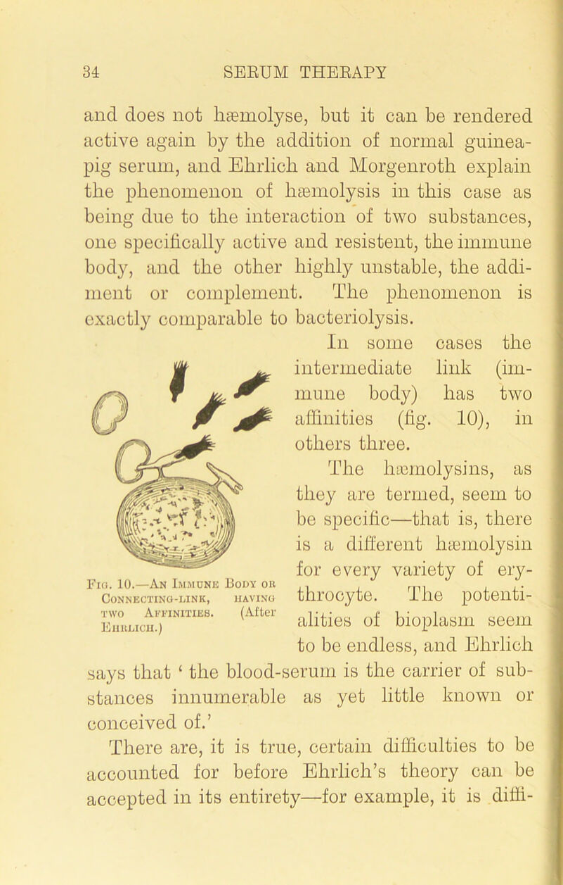 and does not haemolyse, but it can be rendered active again by the addition of normal guinea- pig serum, and Ehrlich and Morgenroth explain the phenomenon of haemolysis in this case as being due to the interaction of two substances, one specifically active and resistent, the immune body, and the other highly unstable, the addi- ment or complement. The phenomenon is exactly comparable to bacteriolysis. In some cases the intermediate link (im- mune body) has two affinities (fig. 10), in others three. The liimnolysins, as they are termed, seem to be specific—that is, there is a different haemolysin for every variety of ery- throcyte. The potenti- alities of bioplasm seem to be endless, and Ehrlich says that ‘ the blood-serum is the carrier of sub- stances innumerable as yet little known or conceived of.’ There are, it is true, certain difficulties to be accounted for before Ehrlich’s theory can be accepted in its entirety—for example, it is diffi- Fio. 10.—An Immune 13ouy or Connecting-link, having two Aittnities. (After Ehrlich.)