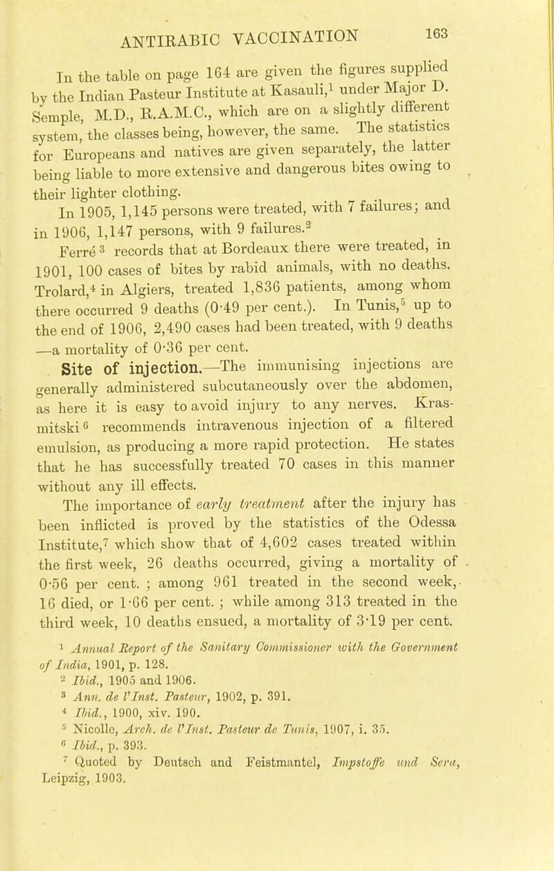 In the table on pcage 164 are given the figures supplied by the Indian Pasteur Institute at Kasauli,i under Major D. Semple, M.D., R.A.M.C., which are on a slightly different system' the classes being, however, the same. The statistics for Europeans and natives are given separately, the latter being liable to more extensive and dangerous bites owing to their lighter clothing. In 1905, 1,145 persons were treated, with 7 failures; and in 1906, 1,147 persons, with 9 failures.2 Ferre 3 records that at Bordeaux there were treated, in 1901, 100 cases of bites by rabid animals, with no deaths. Trola'rd,4 in Algiers, treated 1,836 patients, among whom there occurred 9 deaths (0-49 per cent.). In Tunis,5 up to the end of 1906, 2,490 cases had been treated, with 9 deaths —a mortality of 0-36 per cent. Site Of injection—The immunising injections are generally administered subcutaneously over the abdomen, as here it is easy to avoid injury to any nerves. Kras- mitski0 recommends intravenous injection of a filtered emulsion, as producing a more rapid protection. He states that he has successfully treated 70 cases in this manner without any ill effects. The importance of early treatment after the injury has been inflicted is proved by the statistics of the Odessa Institute,7 which show that of 4,602 cases treated within the first week, 26 deaths occurred, giving a mortality of 0-56 per cent. ; among 961 treated in the second week,- 16 died, or 1-G6 per cent. ; while among 313 treated in the third week, 10 deaths ensued, a mortality of 3-19 per cent. 1 Annual Report of the Sanitary Commissioner with the Government of India, 1901, p. 128. 2 Ibid., 1905 and 1906. 3 Ann. de VInst. Pasteur, 1902, p. 391. 4 Ibid., 1900, xiv. 190. 5 Nicollc, Arch, de VInst. Pasteur de Tunis, 1907, i. 35. 0 Ibid., p. 393. ; (Quoted by Deutsch and Feistmantel, Impstoffe und Sera, Leipzig, 1903.