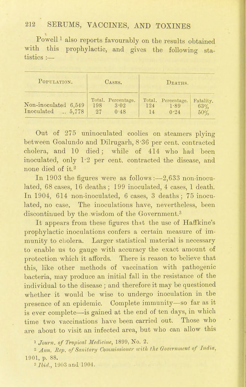 Powell1 also reports favourably on the results obtained with this prophylactic, and gives the following sta- tistics :— Population. Cases. Deaths. Non-inoculated 6,549 Inoculated .. 5,778 Total. Percentage. 198 3-02 27 0 48 Total. 124 14 Percentage. 1-89 0-24 Fatality. 63% 50% Out of 275 uninoculated coolies on steamers plying between Goalundo and Dilrugarh, 8-36 per cent, contracted cholera, and 10 died; while of 414 who had been inoculated, only 1*2 per cent, contracted the disease, and none died of it.2 In 1903 the figures were as follows:—2,633 non-inocu- lated, 68 cases, 16 deaths; 199 inoculated, 4 cases, 1 death. In 1904, 614 non-inoculated, 6 cases, 3 deaths; 75 inocu- lated, no case. The inoculations have, nevertheless, been discontinued by the wisdom of the Government.3 It appears from these figures that the use of Haffkine's prophylactic inoculations confers a certain measure of im- munity to cholera. Larger statistical material is necessary to enable us to gauge with accuracy the exact amount of protection which it affords. There is reason to believe that this, like other methods of vaccination with pathogenic bacteria, may produce an initial fall in the resistance of the individual to the disease ; and therefore it may be questioned whether it would be wise to undergo inoculation in the presence of an epidemic. Complete immunity—so far as it is ever complete—is gained at the end of ten days, in which time two vaccinations have been carried out. Those who are about to visit an infected area, but who can allow this 1 Journ. of Tropical Medicine, 1899, No. 2. a Ann. Rep. of Sanitary Commissioner with the Government of India, 1901, p. 88. sMt/., 1903 and 1904.