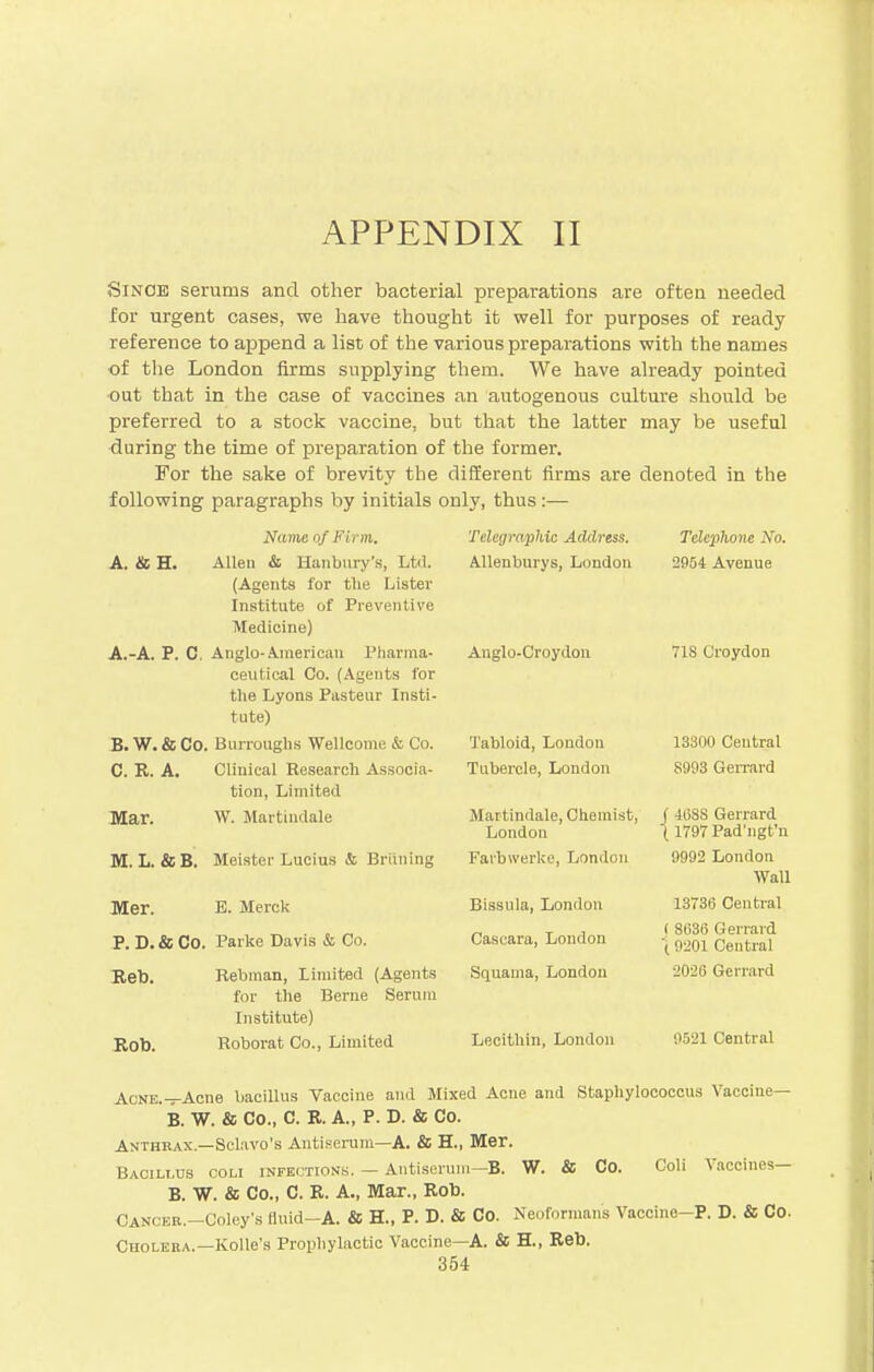 Since serums and other bacterial preparations are often needed for urgent cases, we have thought it well for purposes of ready reference to append a list of the various preparations with the names of the London firms supplying them. We have already pointed out that in the case of vaccines an autogenous culture should be preferred to a stock vaccine, but that the latter may be useful during the time of preparation of the former. For the sake of brevity the different firms are denoted in the following paragraphs by initials only, thus:— Name of Firm. A. 4c H. Allen & Banbury's, Ltd. (Agents for the Lister Institute of Preventive Medicine) A. -A. P. C. Anglo-American Pharma- ceutical Co. (Agents for the Lyons Pasteur Insti- tute) B. W. & Co. Burroughs Wellcome & Co. C. R. A. Clinical Research Associa- tion, Limited W. Martindale Telegraphic Address. Allenburys, London Anglo-Croydon Tabloid, London Tubercle, London Mar. M. L. & B. Mer. P. D.&Co Reb. Rob. .Martindale, Chemist, London Meister Lucius & Briining Farbwerke, London E. Merck Parke Davis & Co. Rebman, Limited (Agents for the Berne Serum Institute) Roborat Co., Limited Bissula, London Cascara, Loudon Squama, London Lecithin, London Telephone No. 2954 Avenue 718 Croydon 13300 Central S993 Gerrard < 415SS Gerrard ( 1797 Pad'ngt'u 9992 London Wall 13736 Central ( 8636 Gerrard 1 9201 Central 2026 Gerrard 9521 Central AcNE.-r-Acne bacillus Vaccine and Mixed Acne and Staphylococcus Vacciue— B. W. & Co., C. R. A., P. D. & CO. Anthrax.—Sclavo's Antiserum—A. & H., Mer. Bacillus coli infections. — Antiserum—B. W. & Co. Coli Vaccines— B. W. & Co., C. R. A., Mar., Rob. Cancer.—Coley's fluid—A. & H., P. D. & Co. Neoforman's Vaccine-P. D. & Co. Cholera.—Kolle's Prophylactic Vaccine—A. & H., Reb.