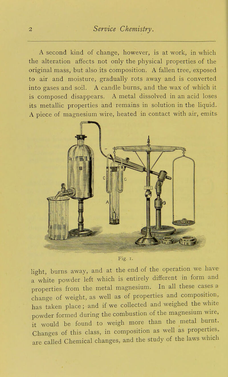 { A second kind of change, however, is at work, in which the alteration affects not only the physical properties of the original mass, but also its composition. A fallen tree, exposed to air and moisture, gradually rots away and is converted into gases and soil. A candle burns, and the wax of which it is composed disappears. A metal dissolved in an acid loses its metallic properties and remains in solution in the liquid. A piece of magnesium wire, heated in contact with air, emits Fig. I. light, burns away, and at the end of the operation we have a white powder left which is entirely different in form and properties from the metal magnesium. In all these cases a change of weight, as well as of properties and composition, has taken place; and if we collected and weighed the white powder formed during the combustion of the magnesium wire, it would be found to weigh more than the metal burnt. Changes of this class, in composition as well as properties, called Chemical changes, and the study of the laws which are