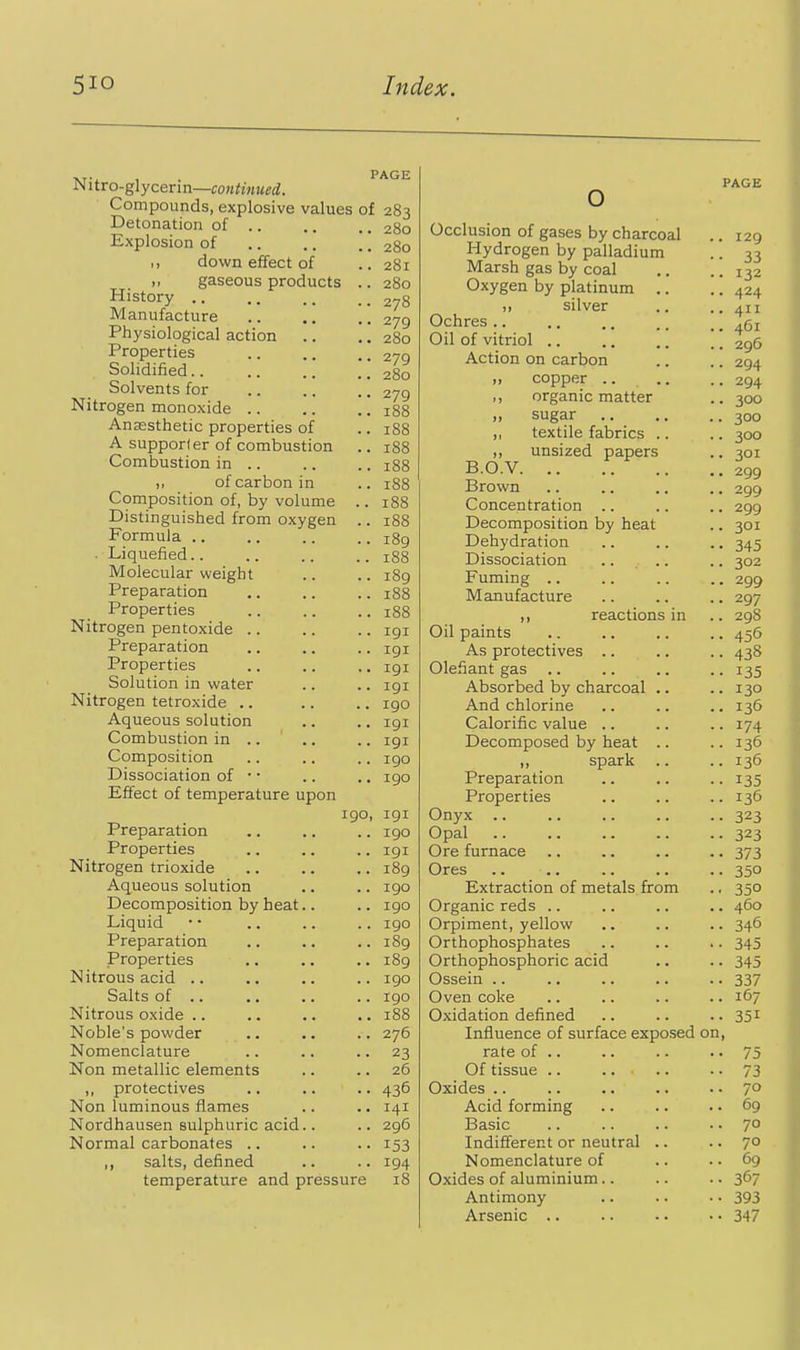 PAGE Nitro-glycerin—continued. Compounds, explosive values of 283 Detonation of .. Explosion of I, down effect of gaseous products History .. Manufacture Physiological action Properties Solidified.. Solvents for Nitrogen monoxide .. Anassthetic properties of A supporter of combustion Combustion in .. ,, of carbon in Composition of, by volume Distinguished from oxygen Formula .. ■ Liquefied.. Molecular weight Preparation Properties Nitrogen pentoxide .. Preparation Properties Solution in water Nitrogen tetroxide .. Aqueous solution Combustion in .. Composition Dissociation of • • Effect of temperature upon 190, Preparation Properties Nitrogen trioxide Aqueous solution Decomposition by heat Liquid Preparation Properties Nitrous acid .. Salts of .. Nitrous oxide .. Nomenclature Non metallic elements ,, protectives Non luminous flames Nordhausen sulphuric acid Normal carbonates .. ,, salts, defined temperature and pressure 280 280 281 280 278 279 280 279 280 279 188 188 188 188 188 188 188 189 188 189 188 188 191 191 191 191 190 191 191 190 190 191 190 191 189 190 190 190 189 189 190 190 188 23 26 436 141 296 153 194 18 o Occlusion of gases by charcoal Hydrogen by palladium Marsh gas by coal Oxygen by platinum silver Ochres .. Oil of vitriol .. Action on carbon ,, copper .. ,, organic matter „ sugar .. ,, textile fabrics ,, unsized papers B.O.V Brown Concentration .. Decomposition by heat Dehydration Dissociation Fuming .. Manufacture PAGE Oil paints As protectives .. defiant gas Absorbed by charcoal And chlorine Calorific value .. Decomposed by heat ,, spark Preparation Properties Onyx .. Opal Ore furnace Ores Extraction of metals from Organic reds .. Orpiment, yellow Orthophosphates Orthophosphoric acid Ossein .. Oven coke Oxidation defined rate of .. Of tissue .. Oxides .. Acid forming Basic Indifferent or neutral Nomenclature of Oxides of aluminium.. Antimony Arsenic ..