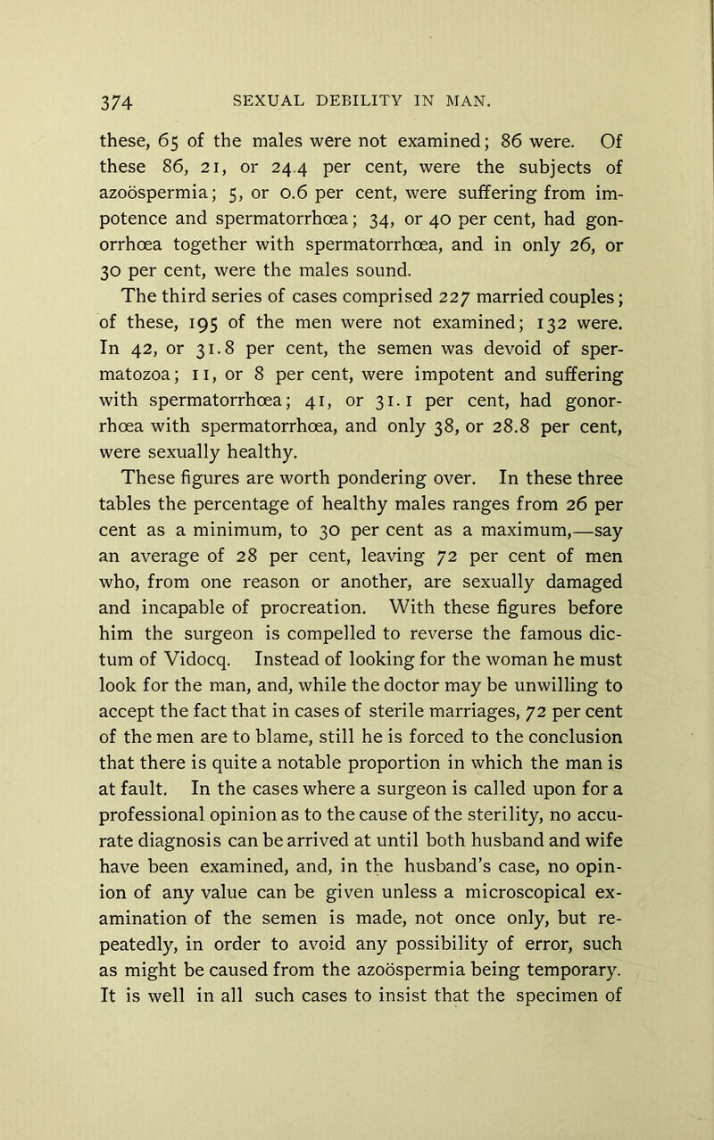these, 65 of the males were not examined; 86 were. Of these 86, 21, or 24.4 per cent, were the subjects of azoospermia; 5, or 0.6 per cent, were suffering from im- potence and spermatorrhoea; 34, or 40 per cent, had gon- orrhoea together with spermatorrhoea, and in only 26, or 30 per cent, were the males sound. The third series of cases comprised 227 married couples; of these, 195 of the men were not examined; 132 were. In 42, or 31.8 per cent, the semen was devoid of sper- matozoa; II, or 8 per cent, were impotent and suffering with spermatorrhoea; 41, or 31. i per cent, had gonor- rhoea with spermatorrhoea, and only 38, or 28.8 per cent, were sexually healthy. These figures are worth pondering over. In these three tables the percentage of healthy males ranges from 26 per cent as a minimum, to 30 per cent as a maximum,—say an average of 28 per cent, leaving 72 per cent of men who, from one reason or another, are sexually damaged and incapable of procreation. With these figures before him the surgeon is compelled to reverse the famous dic- tum of Vidocq. Instead of looking for the woman he must look for the man, and, while the doctor may be unwilling to accept the fact that in cases of sterile marriages, 72 per cent of the men are to blame, still he is forced to the conclusion that there is quite a notable proportion in which the man is at fault. In the cases where a surgeon is called upon for a professional opinion as to the cause of the sterility, no accu- rate diagnosis can be arrived at until both husband and wife have been examined, and, in the husband’s case, no opin- ion of any value can be given unless a microscopical ex- amination of the semen is made, not once only, but re- peatedly, in order to avoid any possibility of error, such as might be caused from the azoospermia being temporary. It is well in all such cases to insist that the specimen of