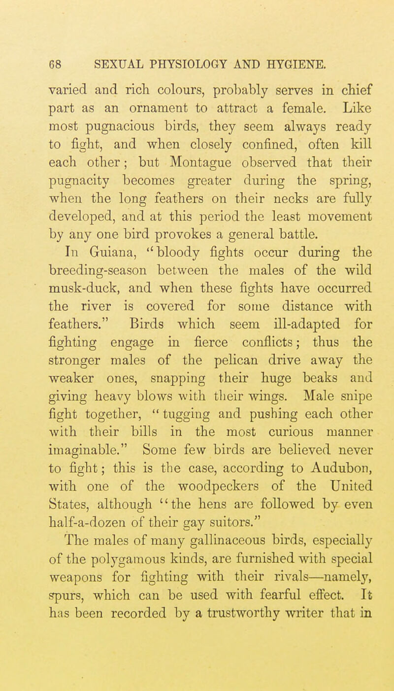 varied and rich colours, probably serves in chief part as an ornament to attract a female. Like most pugnacious birds, they seem always ready to fight, and when closely confined, often kill each other; but Montague observed that their pugnacity becomes greater during the spring, when the long feathers on their necks are fully developed, and at this period the least movement by any one bird provokes a general battle. In Guiana, bloody fights occur during the breeding-season between the males of the wild musk-duck, and when these fights have occurred the river is covered for some distance with feathers. Birds which seem ill-adapted for fighting engage in fierce conflicts; thus the stronger males of the pelican drive away the weaker ones, snapping their huge beaks and giving heavy blows with their wings. Male snipe fight together,  tugging and pushing each other with their bills in the most curious manner imaginable. Some few birds are believed never to fight; this is the case, according to Audubon, with one of the woodpeckers of the United States, although '' the hens are followed by even half-a-dozen of their gay suitors. The males of many gallinaceous birds, especially of the polygamous kinds, are furnished with special weapons for fighting with their rivals—namely, spurs, which can be used with fearful effect. Ifc has been recorded by a trustworthy writer that in