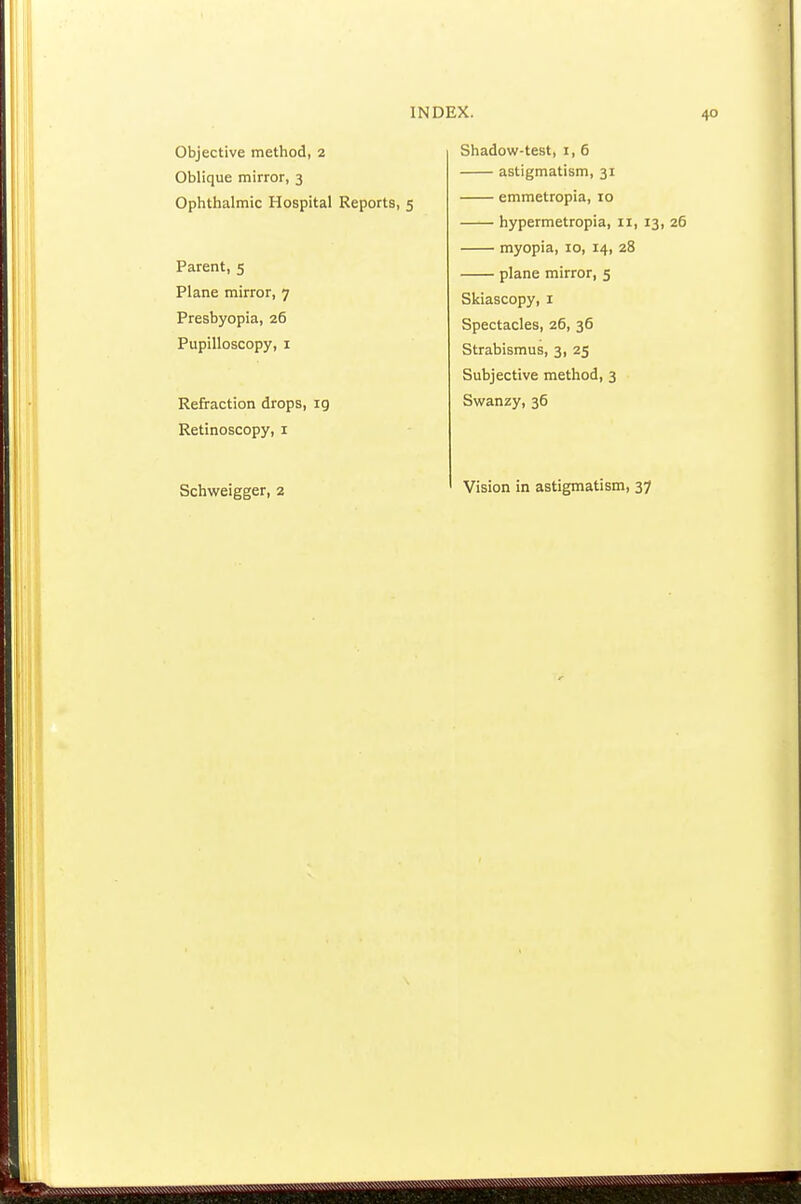 Objective method, 2 Oblique mirror, 3 Ophthalmic Hospital Reports, 5 Parent, 5 Plane mirror, 7 Presbyopia, 26 Pupilloscopy, I Refraction drops, 19 Retinoscopy, i Shadow-test, i, 6 astigmatism, 31 emmetropia, 10 hypermetropia, 11, 13, 26 myopia, 10, 14, 28 plane mirror, 5 Skiascopy, i Spectacles, 26, 36 Strabismus, 3, 25 Subjective method, 3 Swanzy, 36 Schweigger, 2 Vision in astigmatism, 37