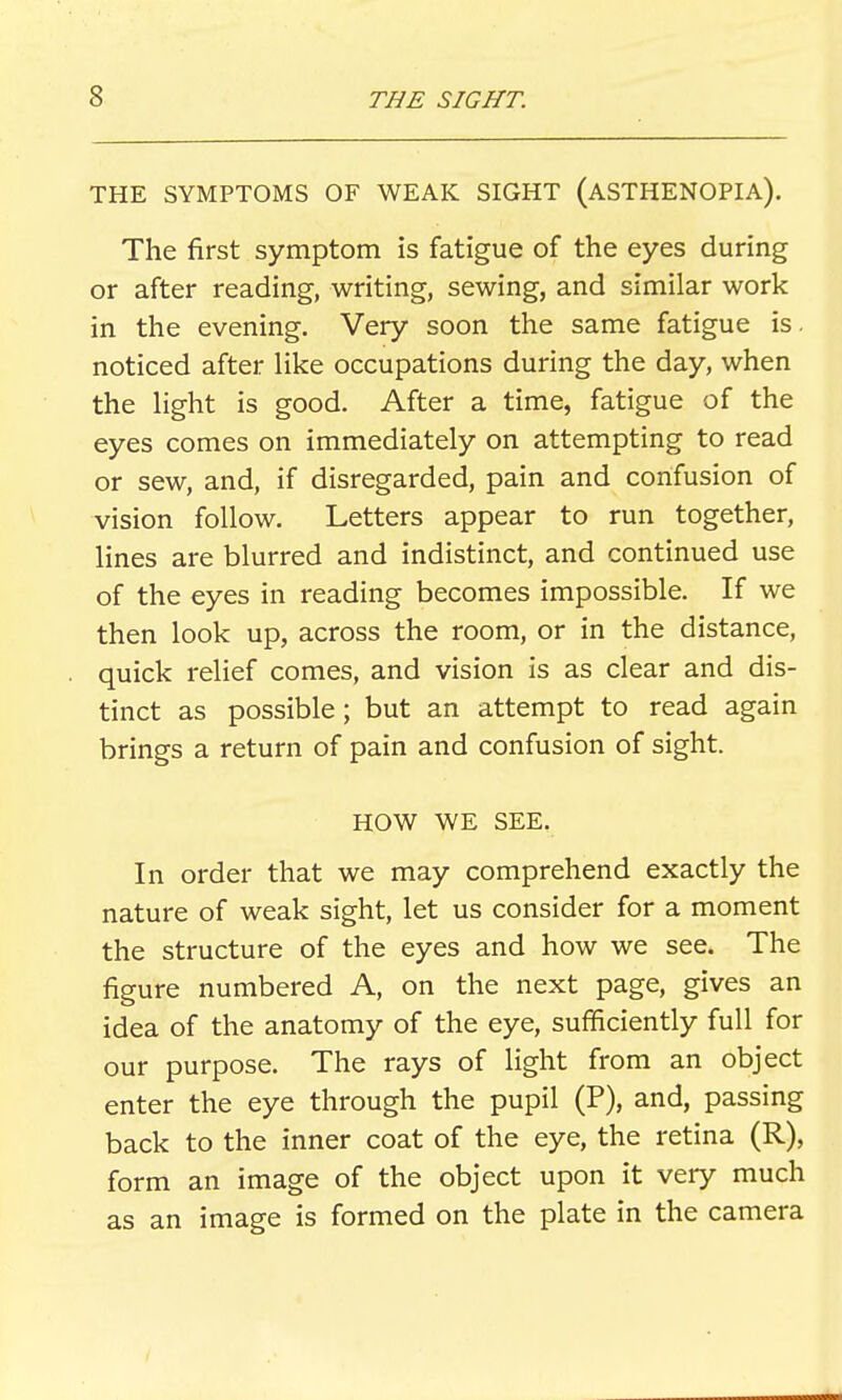 THE SYMPTOMS OF WEAK SIGHT (ASTHENOPIA). The first symptom is fatigue of the eyes during or after reading, writing, sewing, and similar work in the evening. Very soon the same fatigue is. noticed after like occupations during the day, when the light is good. After a time, fatigue of the eyes comes on immediately on attempting to read or sew, and, if disregarded, pain and confusion of vision follow. Letters appear to run together, lines are blurred and indistinct, and continued use of the eyes in reading becomes impossible. If we then look up, across the room, or in the distance, quick relief comes, and vision is as clear and dis- tinct as possible; but an attempt to read again brings a return of pain and confusion of sight. HOW WE SEE. In order that we may comprehend exactly the nature of weak sight, let us consider for a moment the structure of the eyes and how we see. The figure numbered A, on the next page, gives an idea of the anatomy of the eye, sufficiently full for our purpose. The rays of light from an object enter the eye through the pupil (P), and, passing back to the inner coat of the eye, the retina (R), form an image of the object upon it very much as an image is formed on the plate in the camera