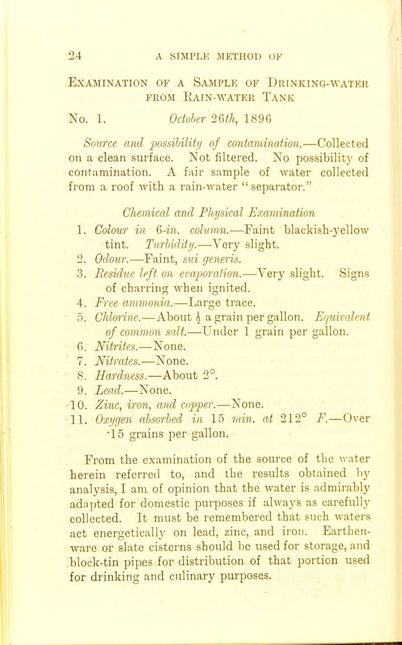 Examination of a Sample of Drinking-watkh FROM RaIN-WATKR TaNK No. 1. Odoher mh, 1896 Source ami possihility of contamination.—Collected on a clean surface. Not filtered. No possibility of contamination. A fair sample of Avater collected from a roof with a rain-Avater separator. Chemical and Physical Examination 1. Colour in 6-m. column.—Faint blackish-yellow tint. Turhidity.—Very slight. 2. Odour.—Faint, sui generis. 3. Residue left on ei-aporalion.—Very slight. Signs of charring when ignited. 4. Free ammonia.—Large trace. ■ 5. Chlorine.—About ^ a grain per gallon. Equivalent of common salt.—Under 1 grain per gallon. C). Nitrites.—None. 7. Nitrates.—None. ■ 8. Hardness.—About 2°. 9. Lead.—None. •10. Zinc, iron, and co])per.—None. '11. Oxygen ahsorbed in 15 min. at 212° F.—Over •15 grains per gallon. From the examination of the source of the water herein referred to, and the results obtained by analysis, I am of opinion that the water is admirably adnpted for domestic purposes if always as carefully collected. It must be remembered that such waters act energetically on lead, zinc, and iron. Earthen- ware or slate cisterns should be used for storage, and block-tin pipes for distribution of that portion used for drinking and culinary purposes.