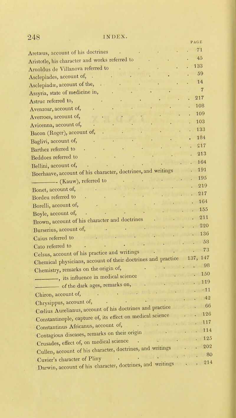 Aretffius, account of his doctrines . . • • Aristotle, his character and works referred to Arnoldus de Villanova referred to . Asclepiades, account of, . Asclepiadae, account of the, . • • • • Assyria, state of medicine in, . • • • Astruc referred to, . . . • • Avenzoar, account of, • Averroes, account of, • • • • ' Avicenna, account of, . Bacon (Roger), account of, . Baglivi, account of, • • • • * Barthez referred to . Beddoes referred to . • • • * BelUni, account of, • • • Boerhaave, account of his character, doctrines, and writings _. (Kauw), referred to . ■ • Bonet, account of, • • • •  Bordeu referred to . Borelli, account of, • • • • ' Boyle, account of, . Brown, account of his chai-acter and doctrines Burserius, account of, • • •  Caius referred to • • • • ' Cato referred to . • • • ' Celsus, account of his practice and writings Chemical physicians, account of their doctrines and practice Chemistry, remarks on the origin of, J its influence in medical science of the dark ages, remarks on, Chiron, account of, • • • •  Chrysippus, account of, . Ccelius Aurelianus, account of his doctrines and practice Constantinople, capture of, its effect on medical science Constantinus Africanus, account of, • • • Contagious diseases, remarks on their origin Crusades, effect of, on medical science . Cullen, account of his character, doctrines, and wiitmgs Cuvier's character of Pliny • • *  Darwin, account of his character, doctrines, and writings PAGE 71 . 45 . 133 . 59 14 7 . 217 . 108 . 109 . 103 . 133 . 184 . 217 . 213 . 164 . 191 . 195 . 219 . 217 . 164 . 155 . 211 . 220 . 136 . 58 . 73 137, 147 . 98 , 150 . . 119 . -11 42 . 66 . 126 . 117 . 114 . 125 . 202 80 . 214