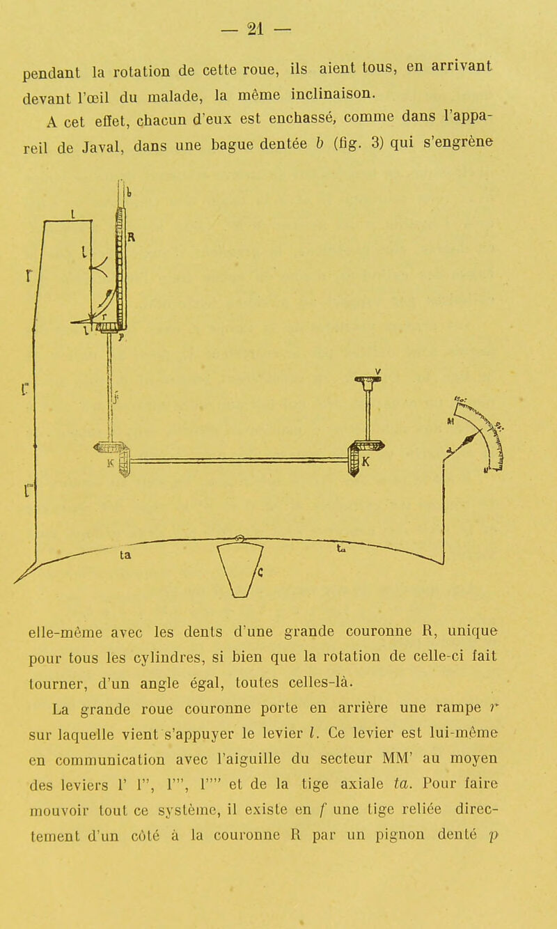 pendant la rotation de cette roue, ils aient tous, en arrivant j devant l'œil du malade, la même inclinaison. | A cet eQet, chacun d'eux est enchâssé, comme dans l'appa- j reil de Javal, dans une bague dentée b (fig. 3) qui s'engrène j I elle-même avec les dents d'une grande couronne R, unique ! pour tous les cylindres, si bien que la rotation de celle-ci fait J tourner, d'un angle égal, toutes celles-là. ■ La grande roue couronne porte en arrière une rampe r j sur laquelle vient s'appuyer le levier l. Ce levier est lui-môme | en communication avec l'aiguille du secteur MM' au moyen j des leviers 1' 1, 1', 1 et de la tige axiale ta. Pour faire i mouvoir tout ce système, il existe en f une tige reliée direc- ; tement d'un cùlé à la couronne R par un pignon denté p I