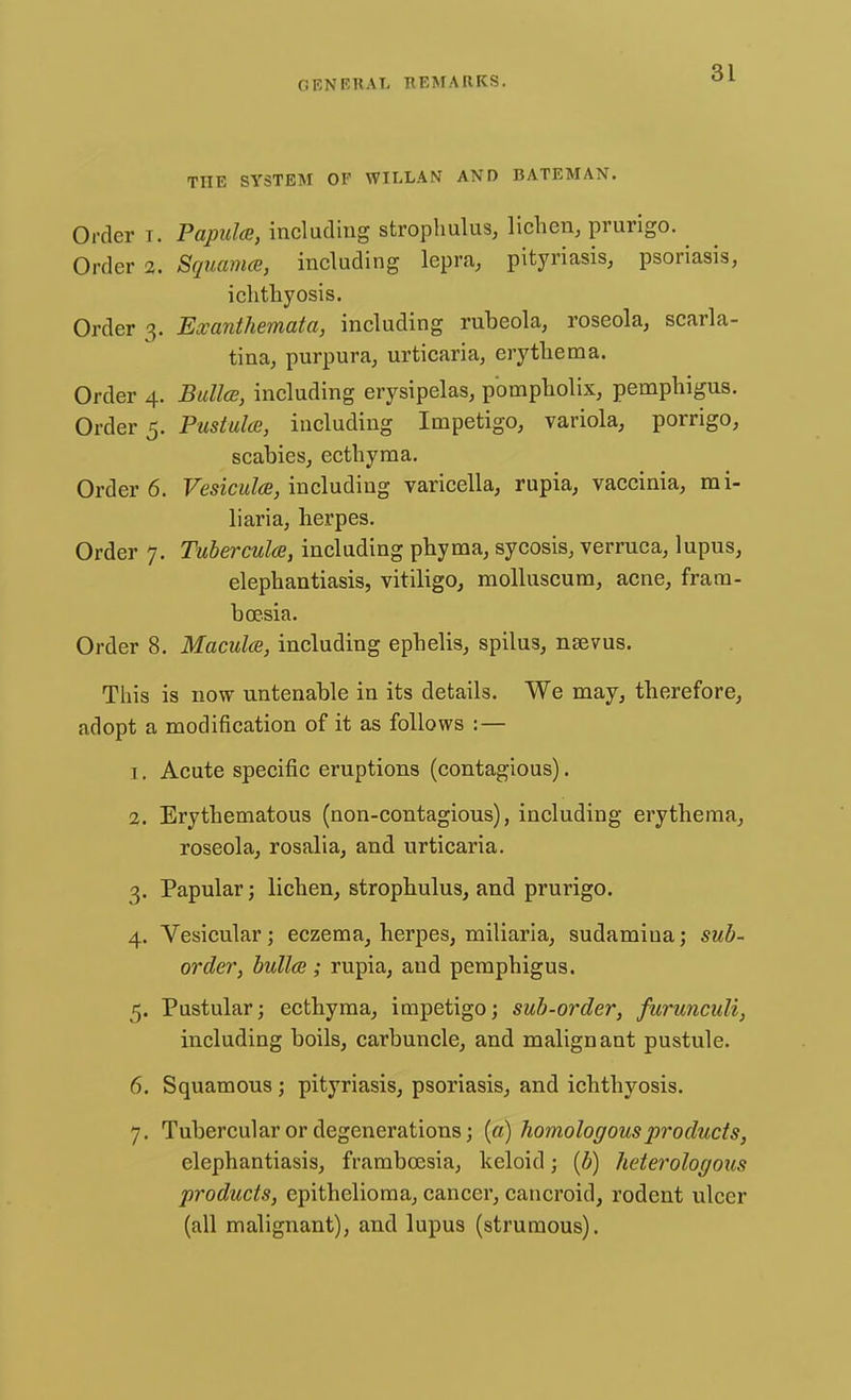 THE SYSTEM OF W1LLAN AND BATEMAN. Order i. Papules, including strophulus, lichen, prurigo. Order %. Squama, including lepra, pityriasis, psoriasis, ichthyosis. Order 3. Exanthemata, including rubeola, roseola, scarla- tina, purpura, urticaria, erythema. Order 4. Bullce, including erysipelas, p'ompholix, pemphigus. Order 5. Pustuke, including Impetigo, variola, porrigo, scabies, ecthyma. Order 6. Vesiculce, including varicella, rupia, vaccinia, mi- liaria, herpes. Order 7. Tubercula, including phyma, sycosis, verruca, lupus, elephantiasis, vitiligo, molluscum, acne, fram- bcesia. Order 8. Macules, including ephelis, spilus, nsevus. This is now untenable in its details. We may, therefore, adopt a modification of it as follows :— 1. Acute specific eruptions (contagious). 2. Erythematous (non-contagious), including erythema, roseola, rosalia, and urticaria. 3. Papular; lichen, strophulus, and prurigo. 4. Vesicular; eczema, herpes, miliaria, sudamiua; sub- order, bullce ; rupia, and pemphigus. 5. Pustular; ecthyma, impetigo; sub-order, furunculi, including boils, carbuncle, and malignant pustule. 6. Squamous; pityriasis, psoriasis, and ichthyosis. 7. Tubercular or degenerations; (a) homologous products, elephantiasis, frambcesia, keloid; (b) heterologous products, epithelioma, cancer, cancroid, rodent ulcer (all malignant), and lupus (strumous).