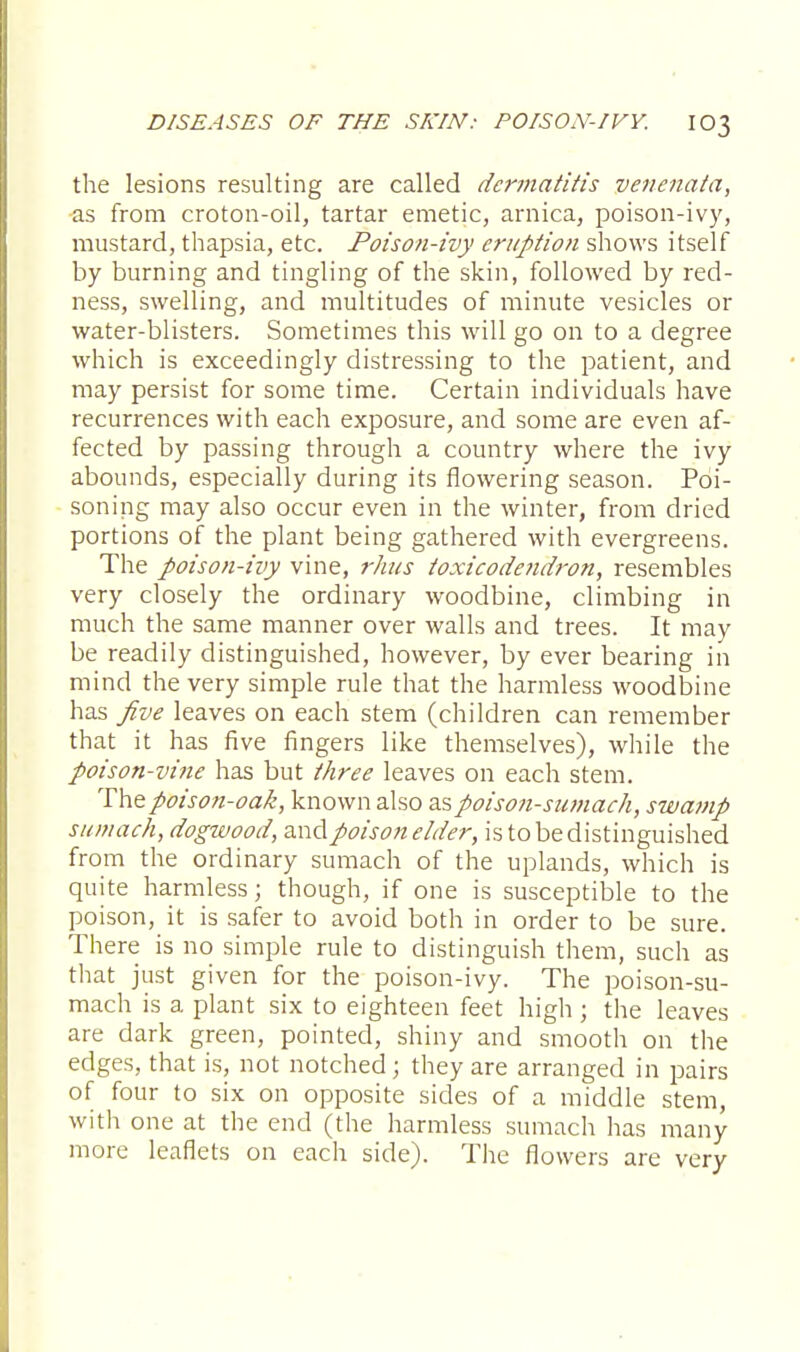the lesions resulting are called dermatitis venenata, -as from croton-oil, tartar emetic, arnica, poison-ivy, mustard, thapsia, etc. Poison-ivy eruption shows itself by burning and tingling of the skin, followed by red- ness, swelling, and multitudes of minute vesicles or water-blisters. Sometimes this will go on to a degree which is exceedingly distressing to the patient, and may persist for some time. Certain individuals have recurrences with each exposure, and some are even af- fected by passing through a country where the ivy abounds, especially during its flowering season. Poi- soning may also occur even in the winter, from dried portions of the plant being gathered with evergreens. The poison-ivy vine, rhus toxicodendron, resembles very closely the ordinary woodbine, climbing in much the same manner over walls and trees. It may be readily distinguished, however, by ever bearing in mind the very simple rule that the harmless woodbine has five leaves on each stem (children can remember that it has five fingers like themselves), while the poison-vine has but three leaves on each stem. The poison-oak, known also as poison-sumach, swamp sumach, dogwood, and poison elder, is to be distinguished from the ordinary sumach of the uplands, which is quite harmless; though, if one is susceptible to the poison, it is safer to avoid both in order to be sure. There is no simple rule to distinguish them, such as that just given for the poison-ivy. The poison-su- mach is a plant six to eighteen feet high ; the leaves are dark green, pointed, shiny and smooth on the edges, that is, not notched; they are arranged in pairs of four to six on opposite sides of a middle stem, with one at the end (the harmless sumach has many more leaflets on each side). The flowers are very