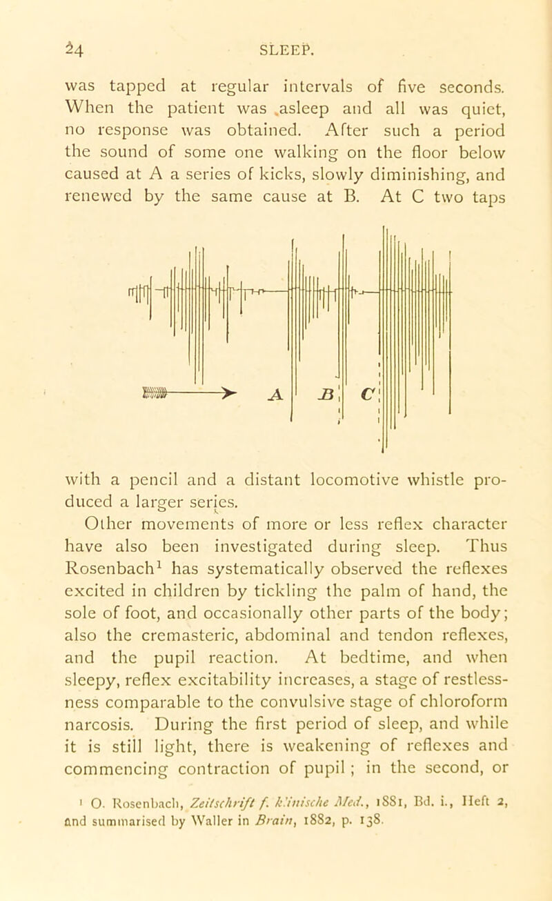 ^4 SLEEP. was tapped at regular intervals of five seconds. When the patient was .asleep and all was quiet, no response was obtained. After such a period the sound of some one walking on the floor below caused at A a series of kicks, slowly diminishing, and renewed by the same cause at B. At C two taps with a pencil and a distant locomotive whistle pro- duced a larger series. Other movements of more or less reflex character have also been investigated during sleep. Thus Rosenbach^ has systematically observed the reflexes excited in children by tickling the palm of hand, the sole of foot, and occasionally other parts of the body; also the cremasteric, abdominal and tendon reflexes, and the pupil reaction. At bedtime, and when sleepy, reflex excitability increases, a stage of restless- ness comparable to the convulsive stage of chloroform narcosis. During the first period of sleep, and while it is still light, there is weakening of reflexes and commencing contraction of pupil; in the second, or ' O. Rosenbacli, Zeilschrifi f kUnische MeJ., iS8i, Bd. i.. Heft 2, and summarised by Waller in Brain, 1882, p. 138.