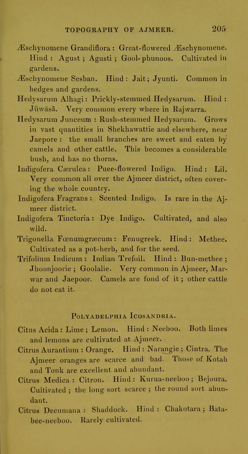 ^schynomene Grandiflora ; Great-flowered ^'Eschynomene. Hind: Agust ; Agusti ; Gool-phunoos. Cultivated in gardens. ^schynomene Sesban. Hind: Jait; Jyunti. Common in hedges and gardens. Hedysarum Alhagi: Prickly-stemmed Hedysarum. Hind : Juwasa. Very common every where in Rajwarra. Hedysarum Junceum : Rush-stemmed Hedysarum. Grows in vast quantities in Shekhawattie and elsewhere, near Jaepore : the small branches are sweet and eaten by camels and other cattle. This becomes a considerable bush, and has no thorns. Indigofera Caerulea: Puee-flowered Indigo. Hind: Lil. Very common all over the Ajineer district, often cover- ing the whole country. Indigofera Fragrans : Scented Indigo. Is rare in the Aj- meer district. Indigofera Tinctoria: Dye Indigo. Cultivated, and also wild. Trigonella Foenumgraecum: Fenugreek. Hind: Methee. Cultivated as a pot-herb, and for the seed. Trifolium Indicum : Indian Trefoil. Hind: Bun-methee ; Jhoonjoorie ; Goolalie. Very common in Ajmeer, Mar- war and Jaepoor. Camels are fond of it; other cattle do not eat it. POLYADELPHIA ICOSANDRIA. Citus Acida: Lime; Lemon. Hind: Neeboo. Both limes and lemons are cultivated at AjmeeV. Citrus Aurantium : Orange. Hind : Nar^gie ; Cintra. The Ajmeer oranges are scarce and bad. Those of Kotah and Tonk are excellent and abundant. Citrus Medica : Citron. Hind: Kurua-neeboo; Bejoura. Cultivated ; the long sort scarce ; the round sort abun- dant. Citrus Decumana : Shaddock. Hind : Cliakotara; Bata- bee-neeboo. Rarely cultivated.