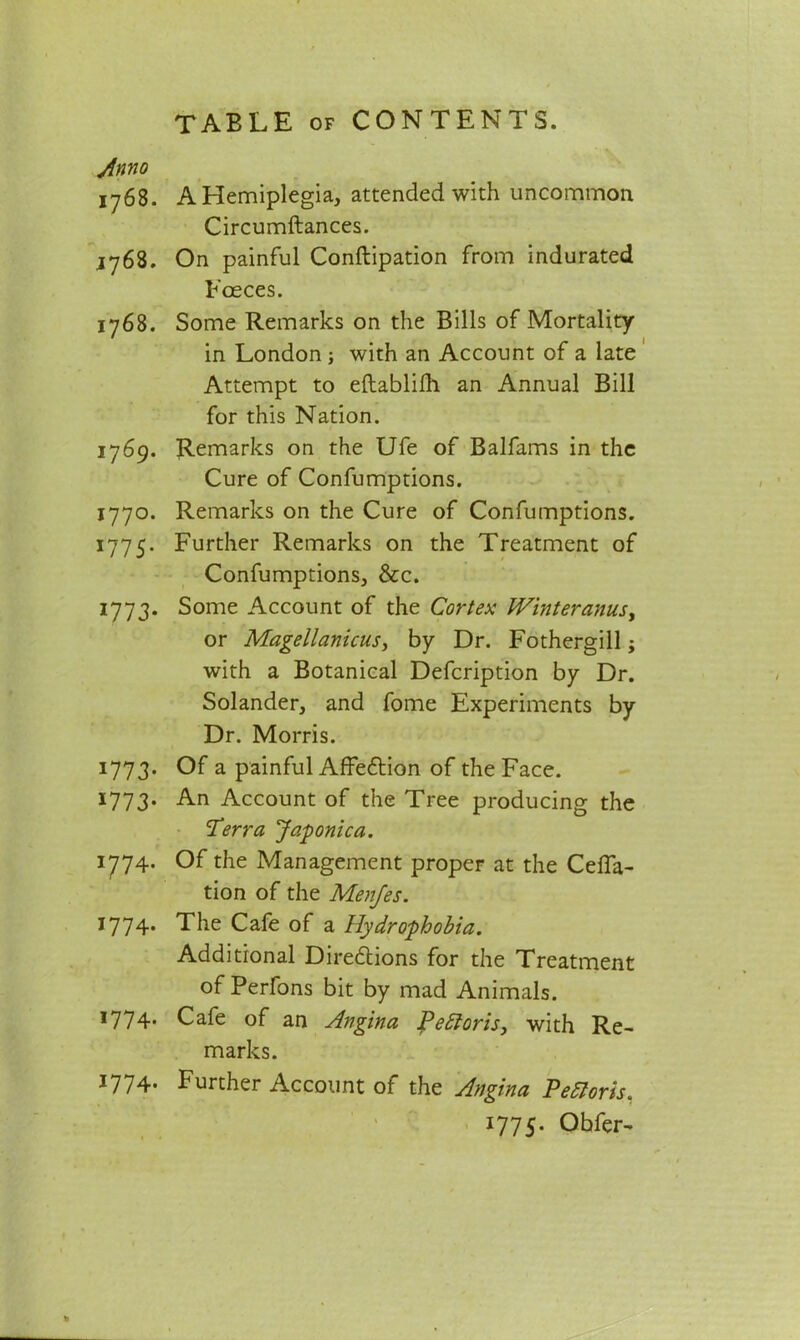 Anno 1768. A Hemiplegia, attended with uncommon Circumftances. Jy68. On painful Conftipation from indurated Ececes. 1768. Some Remarks on the Bills of Mortality in London ; with an Account of a late Attempt to eftablifli an Annual Bill for this Nation. 1769. Remarks on the Ufe of Balfams in the Cure of Confumptions. 1770. Remarks on the Cure of Confumptions. 1775. Further Remarks on the Treatment of Confumptions, &c. 1773. Some Account of the Cortex Winteranus, or Magellanicus, by Dr. Fothergill; with a Botanical Defcription by Dr. Solander, and fome Experiments by Dr. Morris. 1773. Of a painful Affection of the Face. 1773. An Account of the Tree producing the Terra Japonic a. 1774* Of the Management proper at the Defla- tion of the Menjes. *774* The Cafe of a Hydrophobia. Additional Diredions for the Treatment of Perfons bit by mad Animals. *774* Cafe of an Angina Pebloris, with Re- marks. 1774. Further Account of the Angina Pettoris. 1775. Obfer-