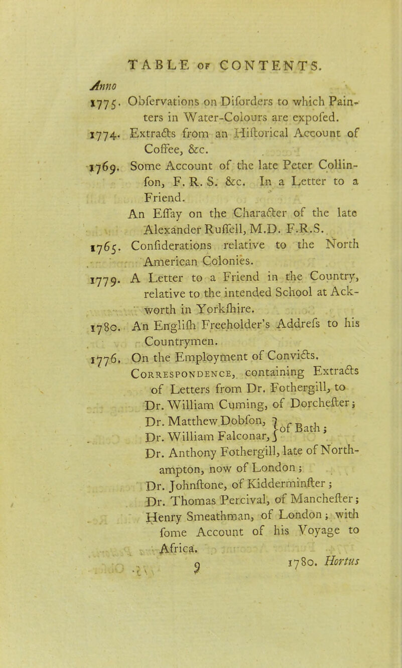 Anno *775• Obfervations on Diforders to which Pain-r ters in Water-Colours are expofed. 1774. Extra&s from an Hiftorical Account of Coffee, &c. *769. Some Account of the late Peter Collin- fon, F. R. S. &c. In a Letter to a Friend. An Effay on the Charafter of the late Alexander Ruffell, M.D. F.R.S. 1765. Confiderations relative to the North American Colonies. 1779. A Letter to a Friend in the Country, relative to the intended School at Ack- worth in Yorkfhire. 1780. An Englifh Freeholder’s Addrefs to his Countrymen. 1776. On the Employment of Convifts. Correspondence, containing Extracts of Letters from Dr. Fothergill, to Dr. William Cuming, of Dorchefter j Dr. Matthew Dobfon, l.f ^ Dr. William Falconar,j Dr. Anthony Fothergill, late of North- ampton, now of London; Dr. Johnftone, of Kidderminfter ; Dr. Thomas Percival, of Manchefter; Henry Smeathman, of London ; with fome Account of his Voyage to Africa. 1780. Horttts