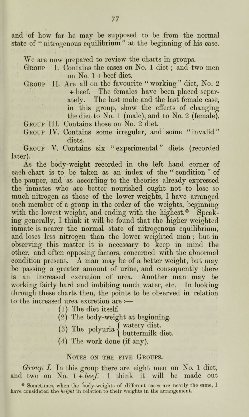 and of how far he may be supposed to be from the normal state of “ nitrogenous equilibrium ” at the beginning of his case. We are now prepared to review the charts in groups. Group I. Contains the cases on No. 1 diet; and two men on No. 1 + beef diet. Group II. Are all on the favourite “ working ” diet, No. 2 + beef. The females have been placed separ- ately. The last male and the last female case, in this group, show the effects of changing the diet to No. 1 (male), and to No. 2 (female). Group III. Contains those on No. 2 diet. Group IV. Contains some irregular, and some “ invalid ” diets. Group V. Contains six “ experimental ” diets (recorded later). As the body-weight recorded in the left hand corner of each chart is to be taken as an index of the “ condition ” of the pauper, and as according to the theories already expressed the inmates who are better nourished ought not to lose so much nitrogen as those of the lower weights, I have arranged each member of a group in the order of the weights, beginning with the lowest weight, and ending with the highest.# Speak- ing generally, I think it will be found that the higher weighted inmate is nearer the normal state of nitrogenous equilibrium, and loses less nitrogen than the lower weighted man ; but in observing this matter it is necessary to keep in mind the other, and often opposing factors, concerned with the abnormal condition present. A man may be of a better weight, but may be passing a greater amount of urine, and consequently there is an increased excretion of urea. Another man may be working fairly hard and imbibing much water, etc. In looking through these charts then, the points to be observed in relation to the increased urea excretion are :— (1) The diet itself. (2) The body-weight at beginning. /o\ rri i • f watery diet. (3) The polyuria j butte/milk diet (4) The work done (if any). Notes on the five Groups. Group I. In this group there are eight men on No. 1 diet, and two on No. 1 + beef. I think it will be made out * Sometimes, when the body-weights of different cases are nearly the same, I have considered the height in relation to their weights in the arrangement.