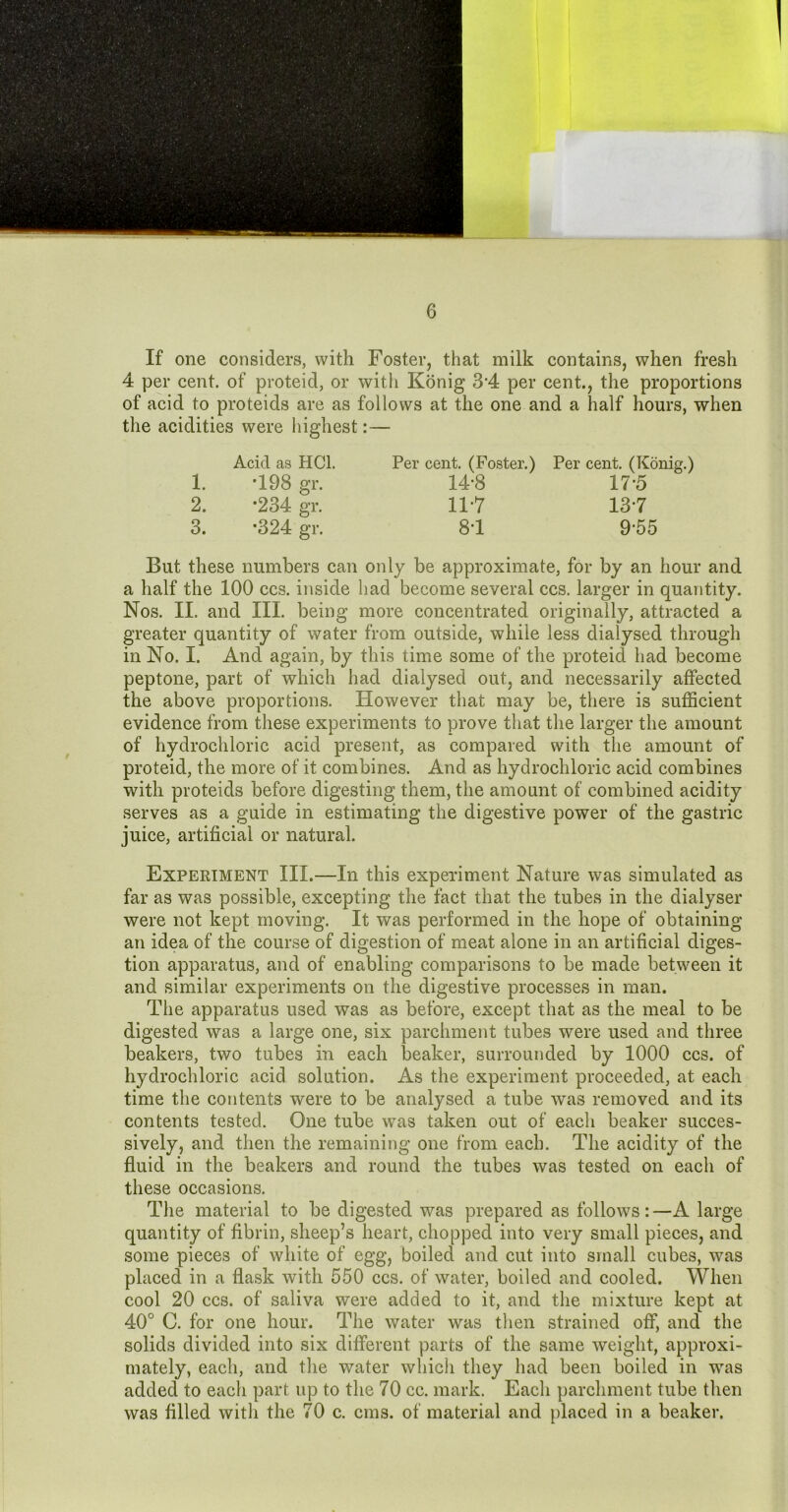 If one considers, with Foster, that milk contains, when fresh 4 per cent, of proteid, or with Konig 34 per cent., the proportions of acid to proteids are as follows at the one and a half hours, when the acidities were highest:— Acid as HCl. Per cent. (Foster.) Per cent. (Konig.) 1. T98 gr. 14-8 17-5 2. *234 gr. 11-7 13*7 3. •324 gr. 8-1 9-55 But these numbers can only be approximate, for by an hour and a half the 100 ccs. inside had become several ccs. larger in quantity. Nos. II. and III. being more concentrated originally, attracted a greater quantity of water from outside, while less dialysed through in No. I. And again, by this time some of the proteid had become peptone, part of which had dialysed out, and necessarily affected the above proportions. However that may be, there is sufficient evidence from these experiments to prove that the larger the amount of hydrochloric acid present, as compared with the amount of proteid, the more of it combines. And as hydrochloric acid combines with proteids before digesting them, the amount of combined acidity serves as a guide in estimating the digestive power of the gastric juice, artificial or natural. Experiment III.—In this experiment Nature was simulated as far as was possible, excepting the fact that the tubes in the dialyser were not kept moving. It was performed in the hope of obtaining an idea of the course of digestion of meat alone in an artificial diges- tion apparatus, and of enabling comparisons to be made between it and similar experiments on the digestive processes in man. The apparatus used was as before, except that as the meal to be digested was a large one, six parchment tubes were used and three beakers, two tubes in each beaker, surrounded by 1000 ccs. of hydrochloric acid solution. As the experiment proceeded, at each time the contents were to be analysed a tube was removed and its contents tested. One tube was taken out of each beaker succes- sively, and then the remaining one from each. The acidity of the fluid in the beakers and round the tubes was tested on each of these occasions. The material to be digested was prepared as follows : —A large quantity of fibrin, sheep’s heart, chopped into very small pieces, and some pieces of white of egg, boiled and cut into small cubes, was placed in a flask with 550 ccs. of water, boiled and cooled. When cool 20 CCS. of saliva were added to it, and the mixture kept at 40° C. for one hour. The water was then strained off, and the solids divided into six different parts of the same weight, approxi- mately, each, and the water which they had been boiled in was added to each part up to the 70 cc. mark. Each parchment tube then was filled with the 70 c. cms. of material and placed in a beaker.